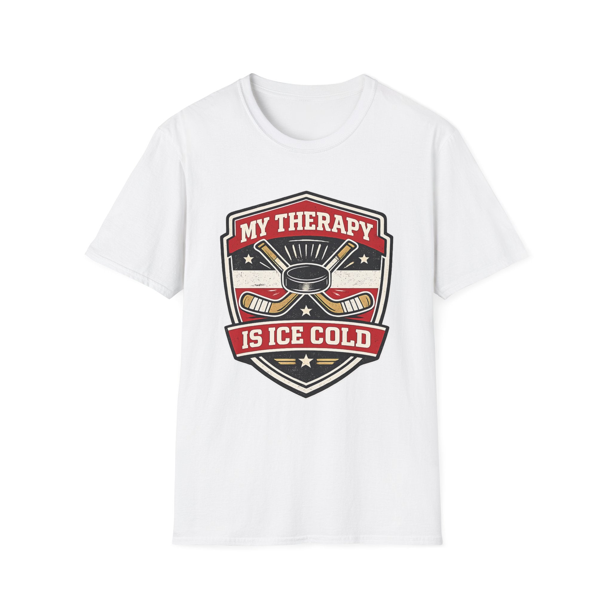 Hockey graphic tee featuring crossed sticks, puck artwork, and the phrase My Therapy Is Ice Cold on a bold white unisex T-shirt.