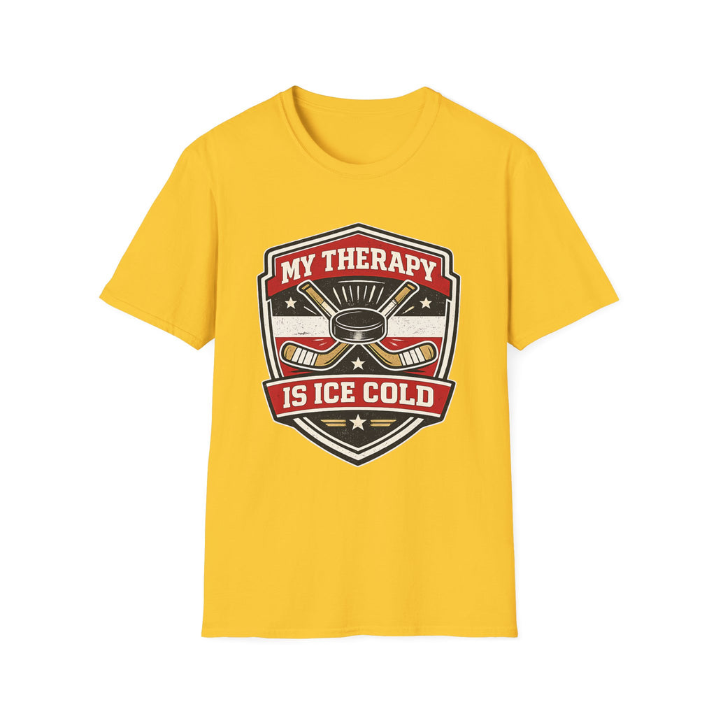 Hockey graphic tee featuring crossed sticks, puck artwork, and the phrase My Therapy Is Ice Cold on a bold gold unisex T-shirt.