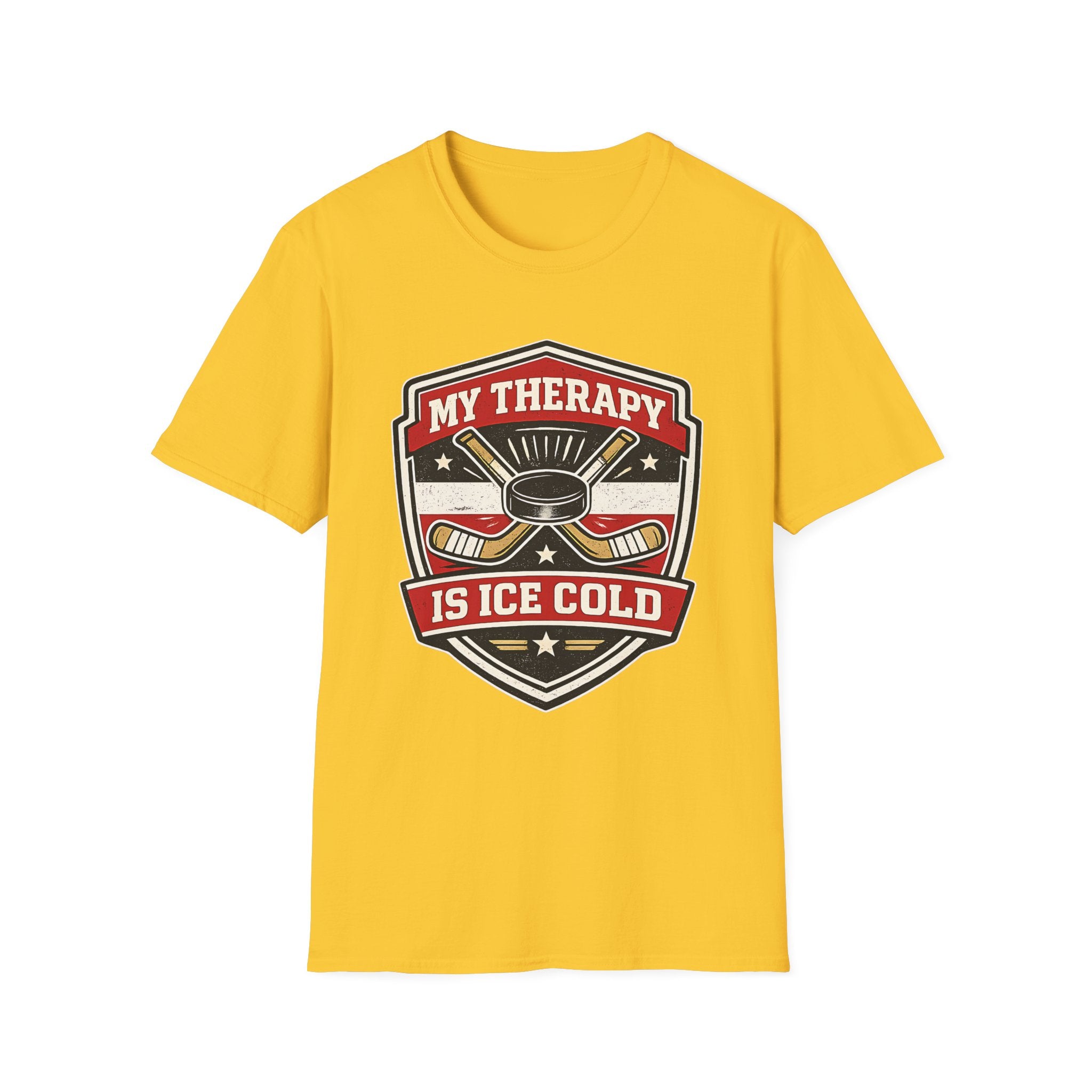 Hockey graphic tee featuring crossed sticks, puck artwork, and the phrase My Therapy Is Ice Cold on a bold gold unisex T-shirt.