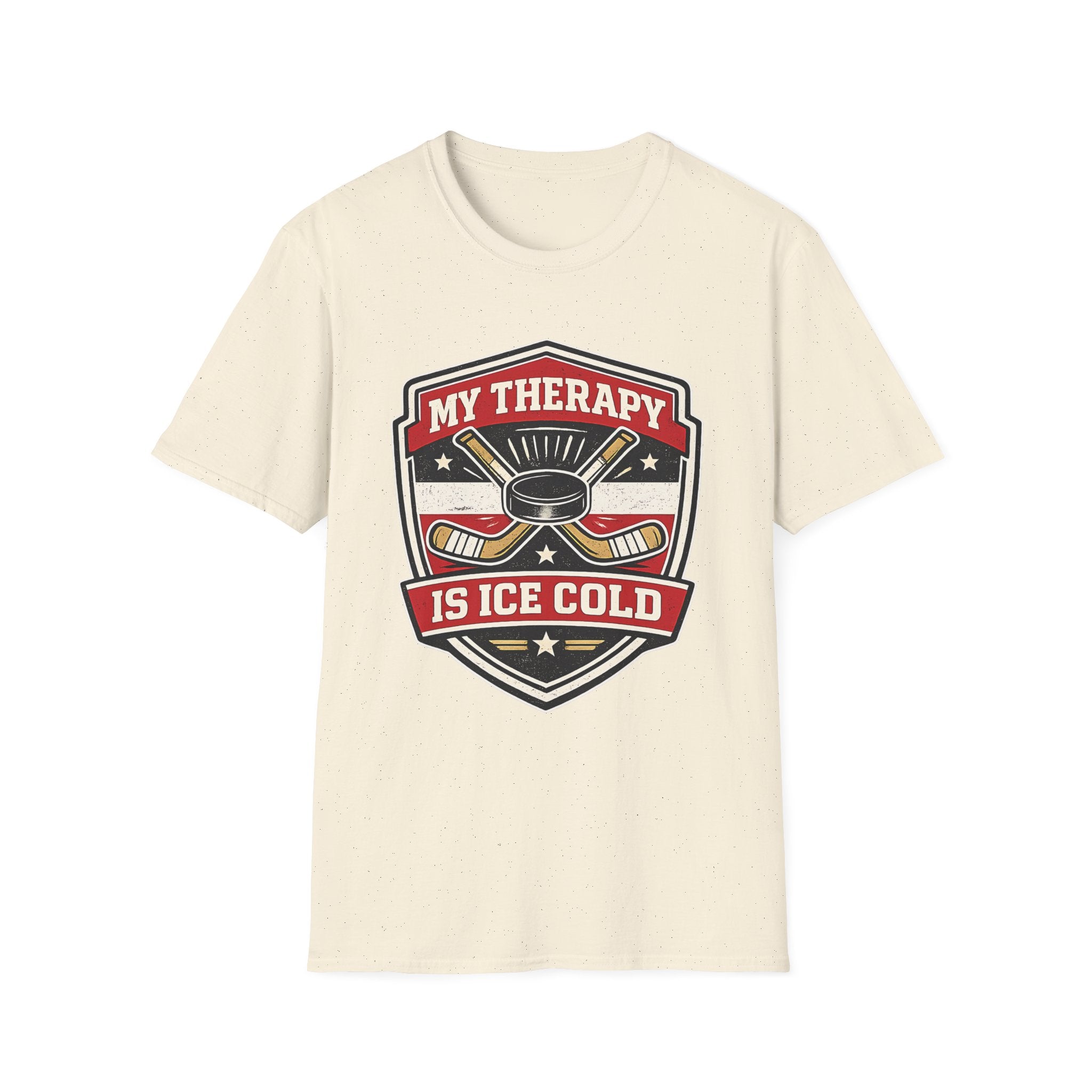 Hockey graphic tee featuring crossed sticks, puck artwork, and the phrase My Therapy Is Ice Cold on a bold natural unisex T-shirt.