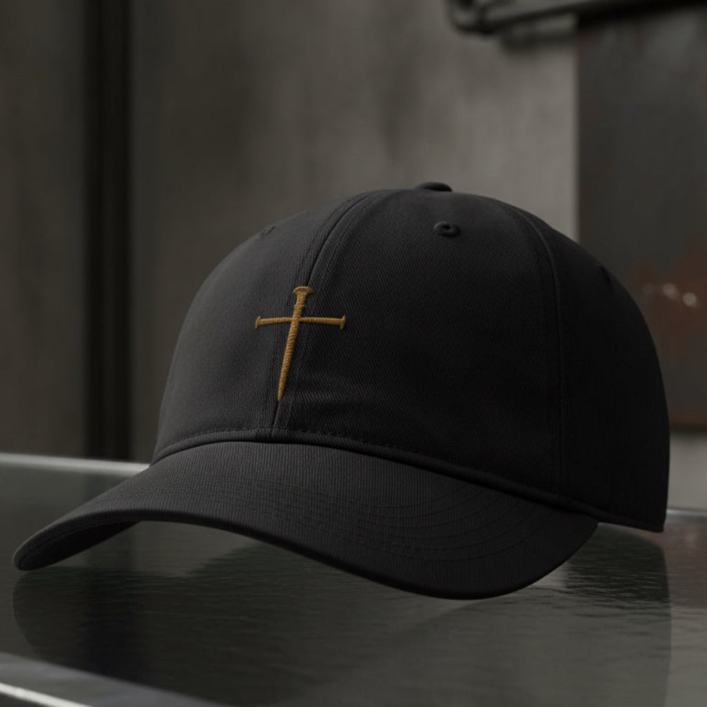 Nail Cross Cap in Black — nail cross, crucifixion, Comfort Colors CCWC0 washed christian cap