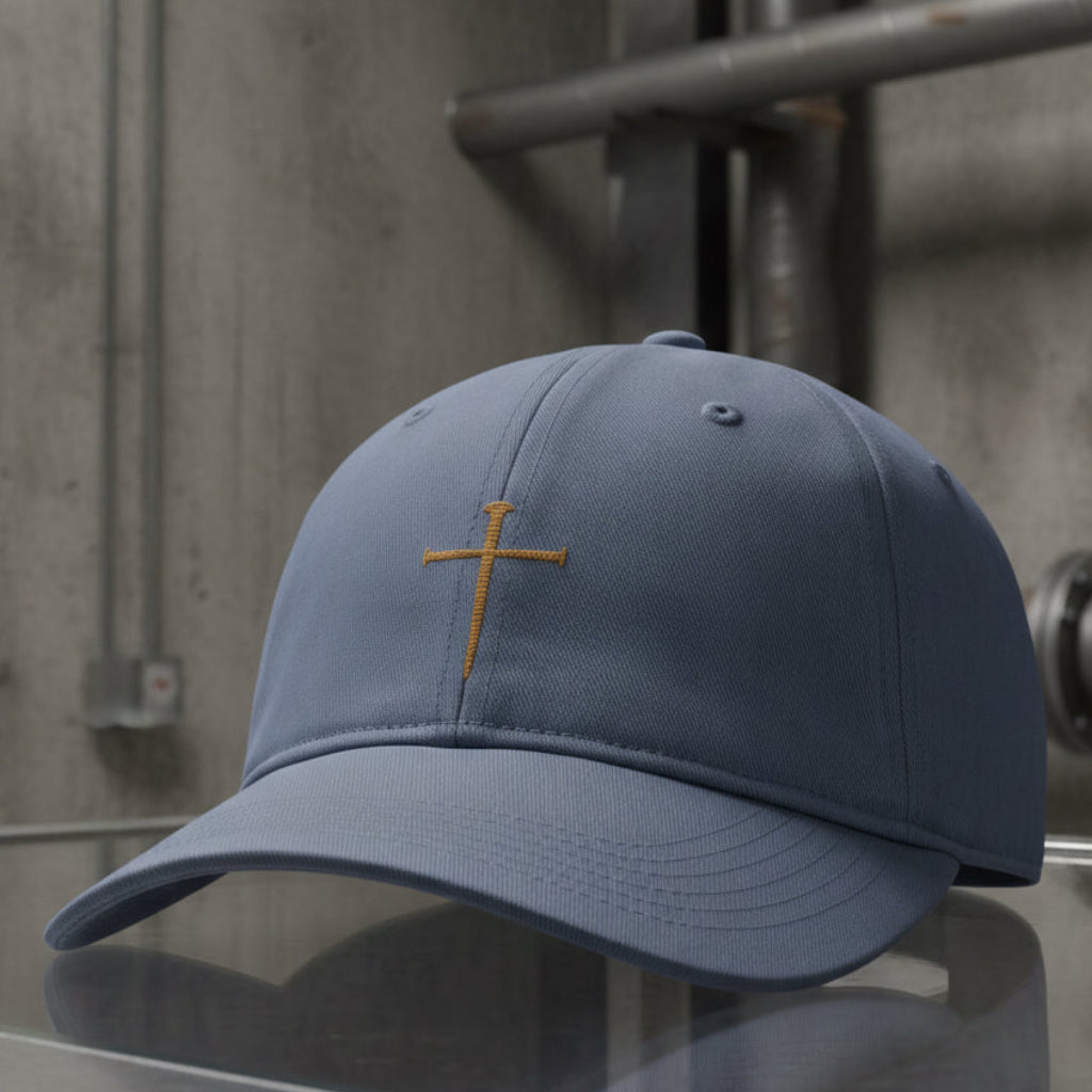 Nail Cross Cap in Blue Jean (slate blue) — nail cross, crucifixion, Comfort Colors CCWC0 washed christian cap