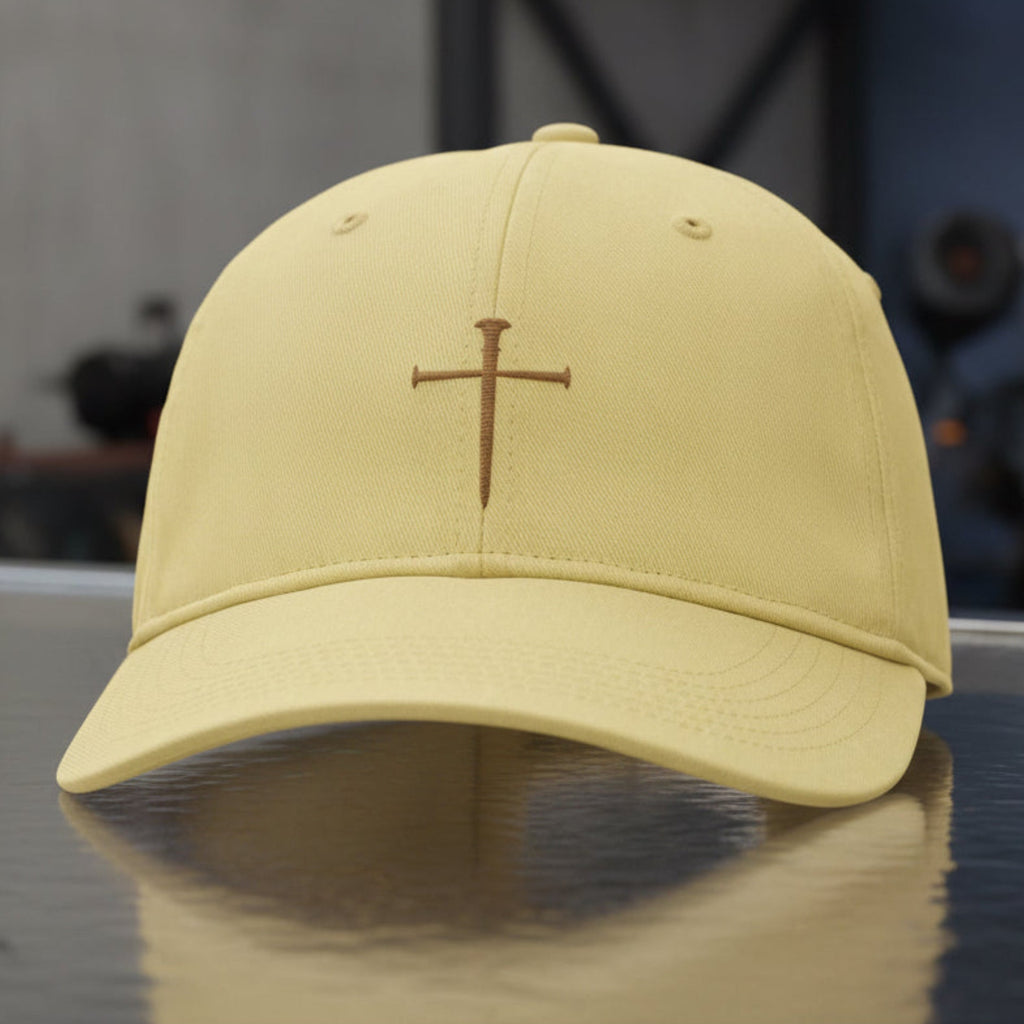 Nail Cross Cap in Butter (pale yellow) — nail cross, crucifixion, Comfort Colors CCWC0 washed christian cap