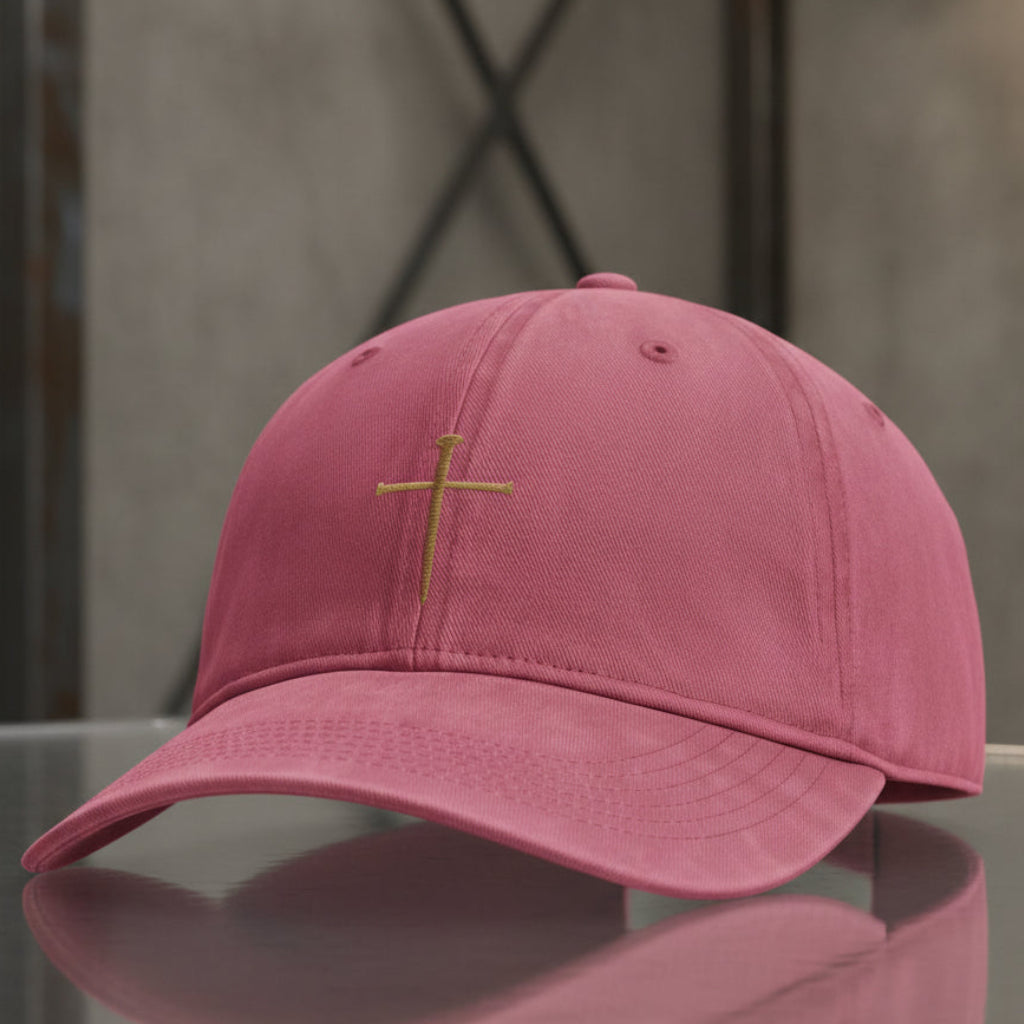 Nail Cross Cap in Crimson (washed red) — nail cross, crucifixion, Comfort Colors CCWC0 washed christian cap