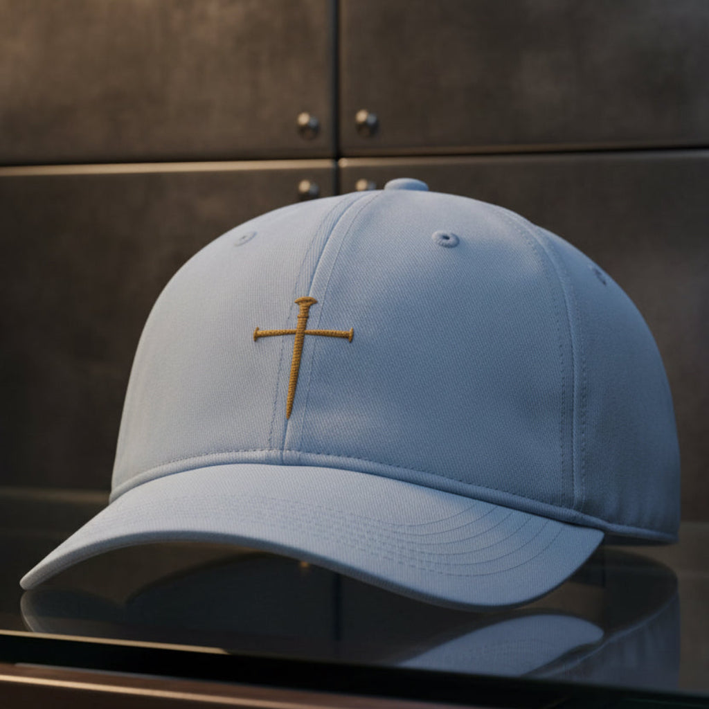 Nail Cross Cap in Hydrangea (light blue) — nail cross, crucifixion, Comfort Colors CCWC0 washed christian cap