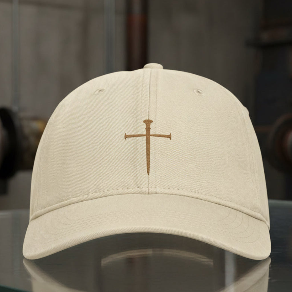 Nail Cross Cap in Ivory (cream) — nail cross, crucifixion, Comfort Colors CCWC0 washed christian cap
