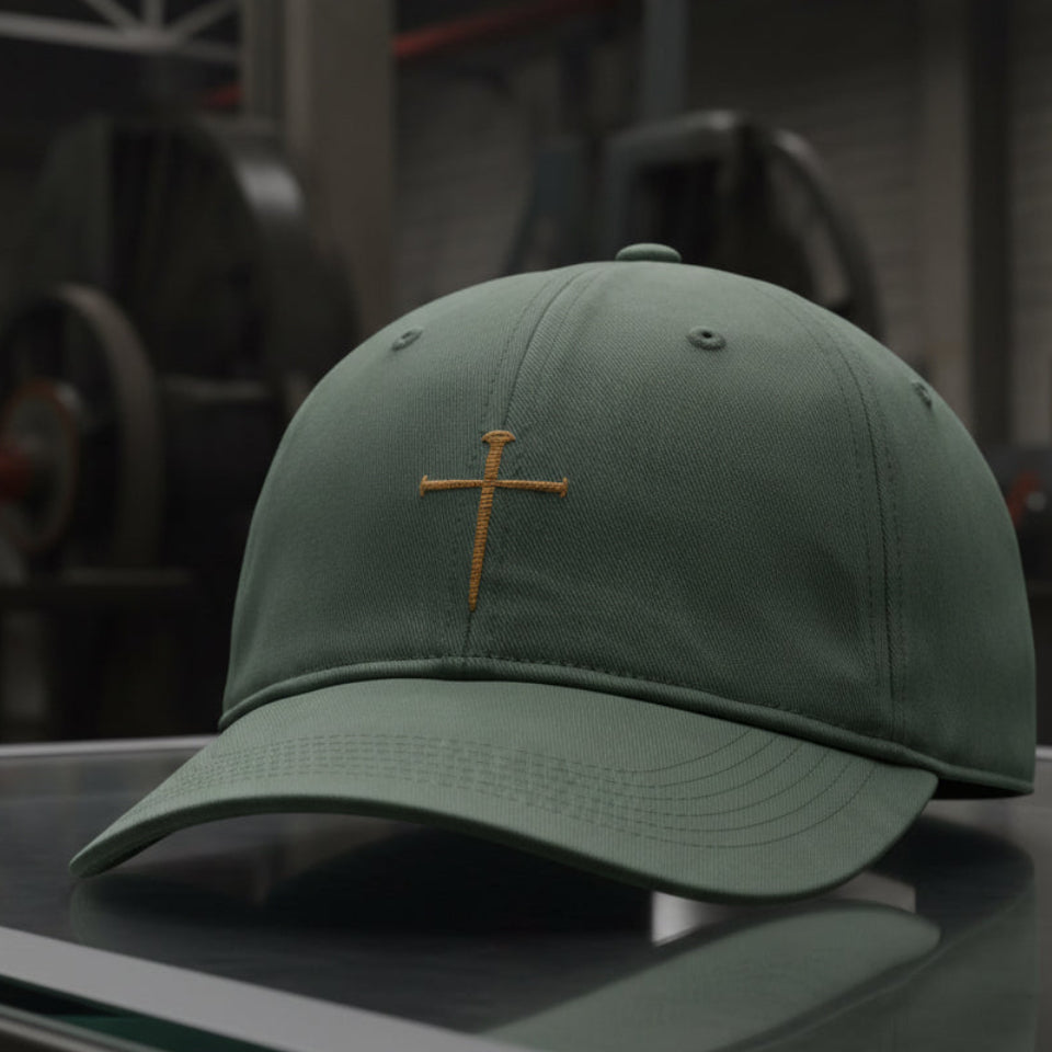Nail Cross Cap in Moss (green), alternate view — nail cross, crucifixion, Comfort Colors CCWC0 washed christian cap