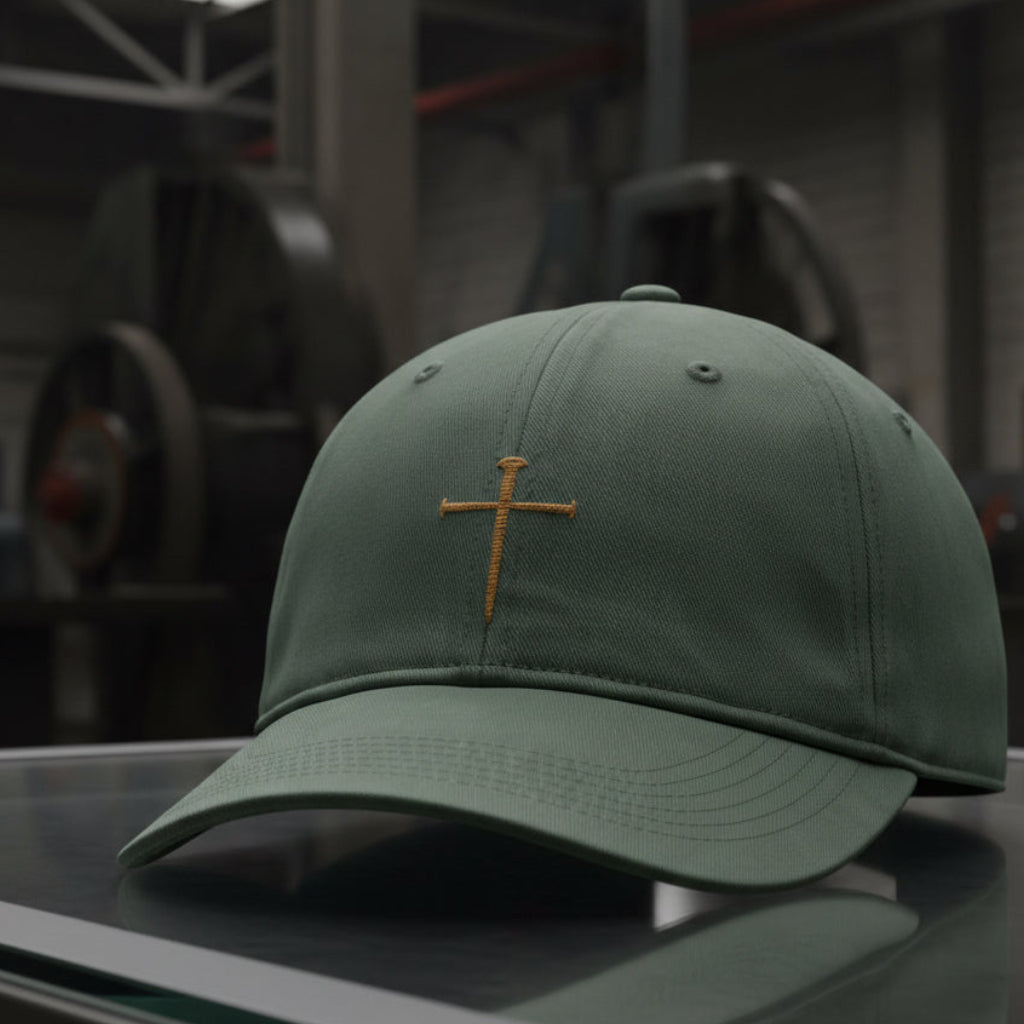 Nail Cross Cap in Moss (green) — nail cross, crucifixion, Comfort Colors CCWC0 washed christian cap