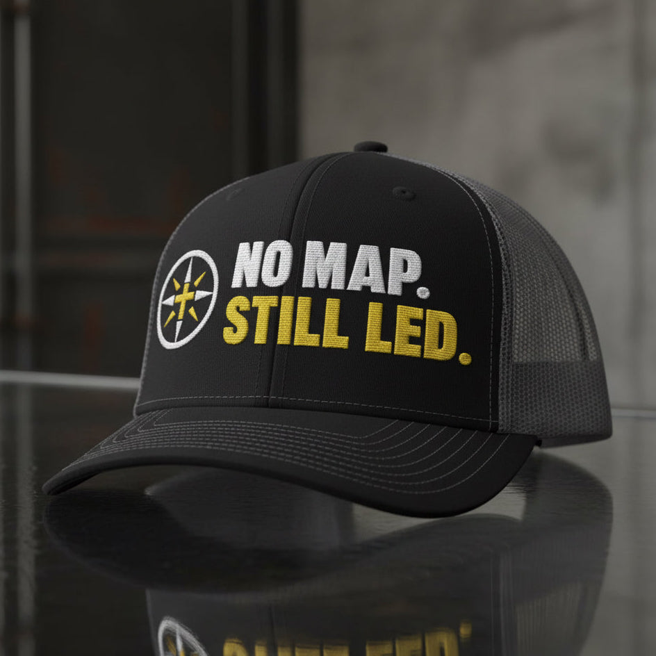 No Map Still Led Trucker Cap in Black / Charcoal — no map still led, compass cross, Richardson 112 christian trucker cap