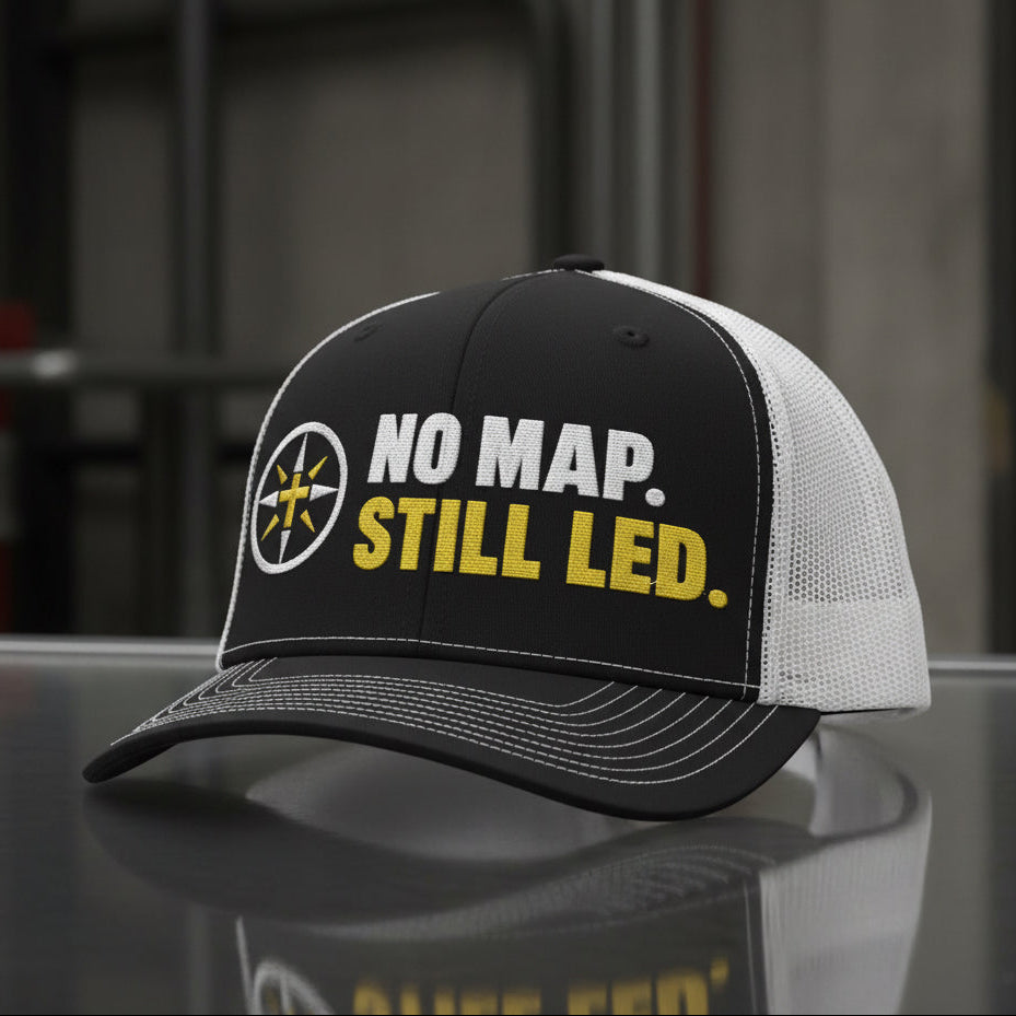No Map Still Led Trucker Cap in Black / White — no map still led, compass cross, Richardson 112 christian trucker cap