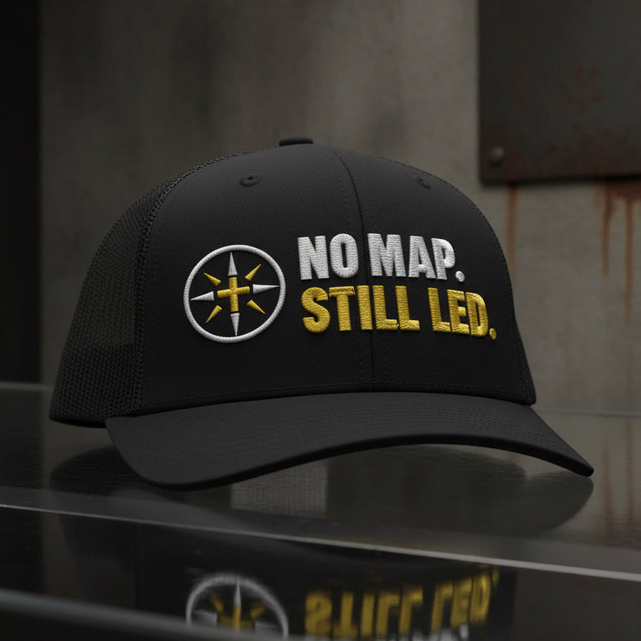 No Map Still Led Trucker Cap in Black — no map still led, compass cross, Richardson 112 christian trucker cap