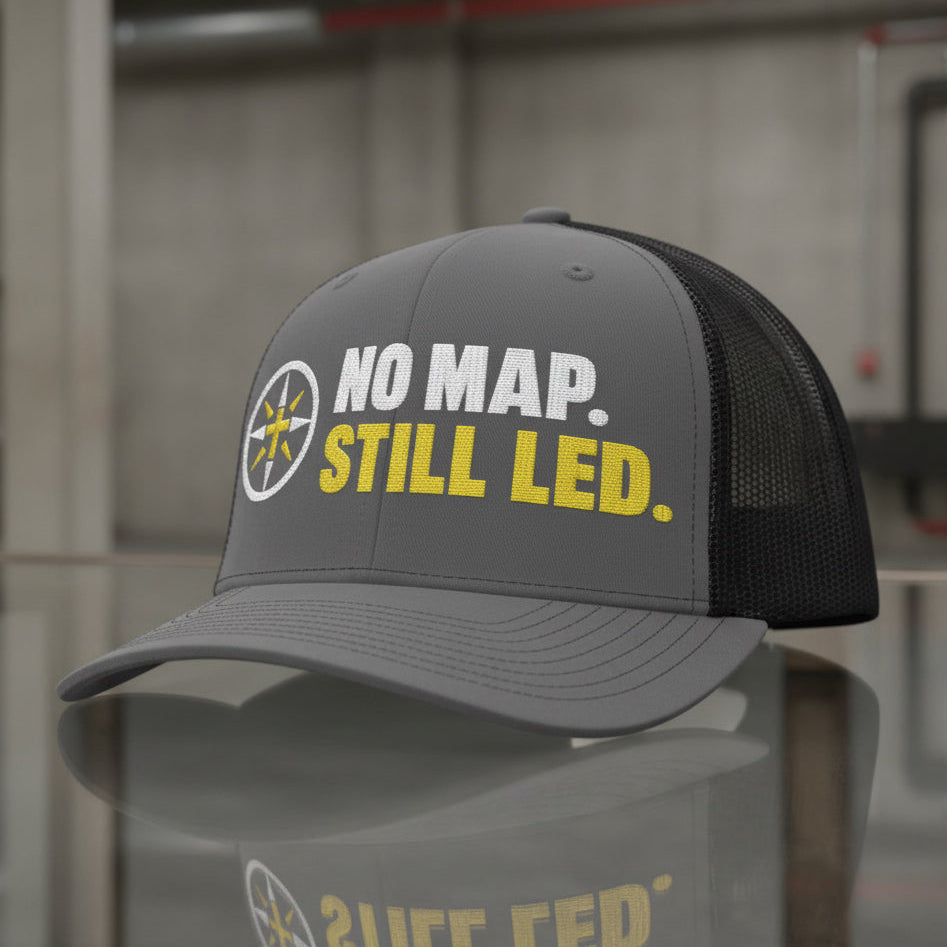 No Map Still Led Trucker Cap in Charcoal / Black, alternate view — no map still led, compass cross, Richardson 112 christian trucker cap