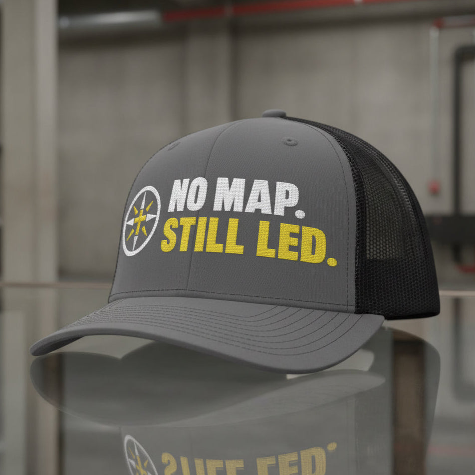 No Map Still Led Trucker Cap in Charcoal / Black — no map still led, compass cross, Richardson 112 christian trucker cap