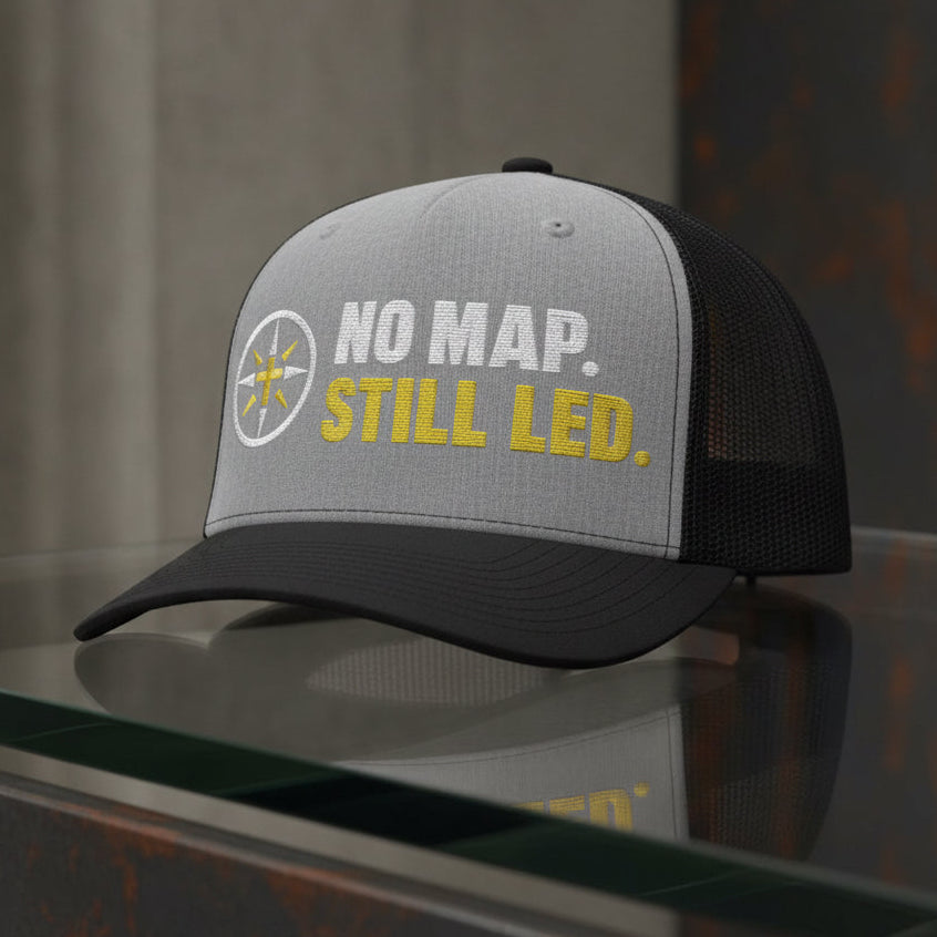 No Map Still Led Trucker Cap in Heather Grey / Black — no map still led, compass cross, Richardson 112 christian trucker cap