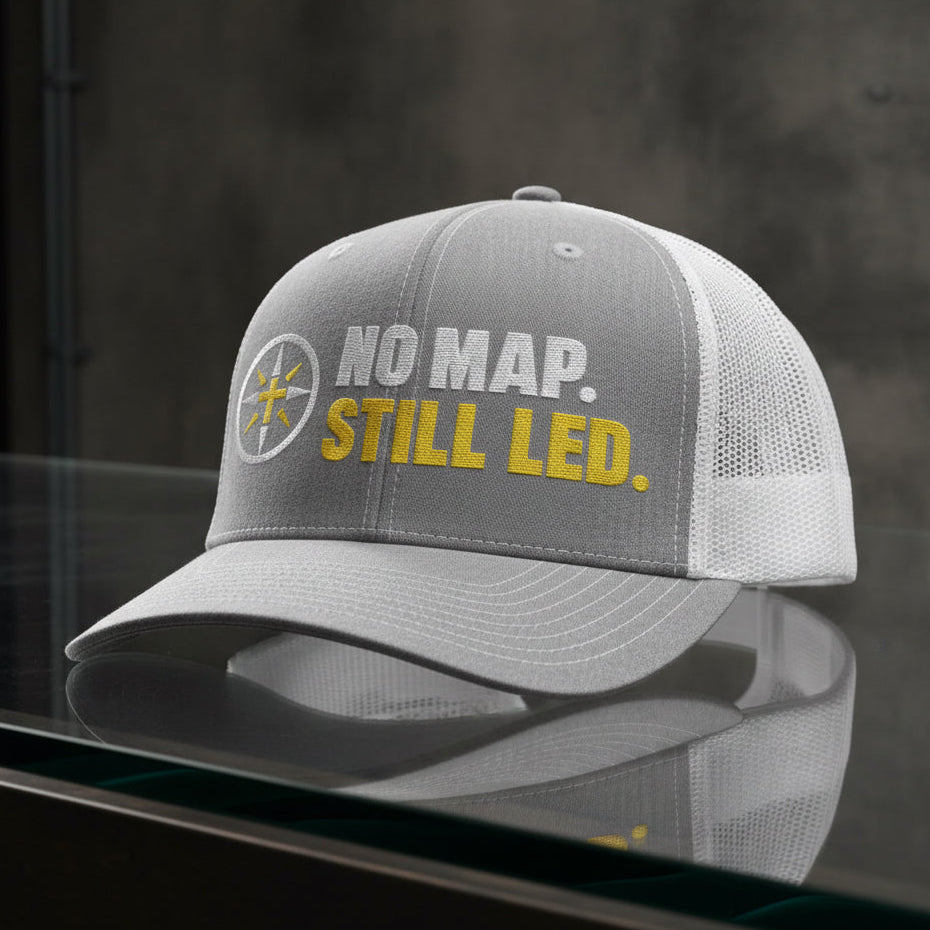 No Map Still Led Trucker Cap in Heather Grey / White — no map still led, compass cross, Richardson 112 christian trucker cap