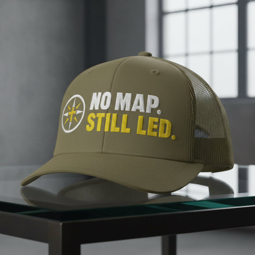 No Map Still Led Trucker Cap in Loden (olive green) — no map still led, compass cross, Richardson 112 christian trucker cap