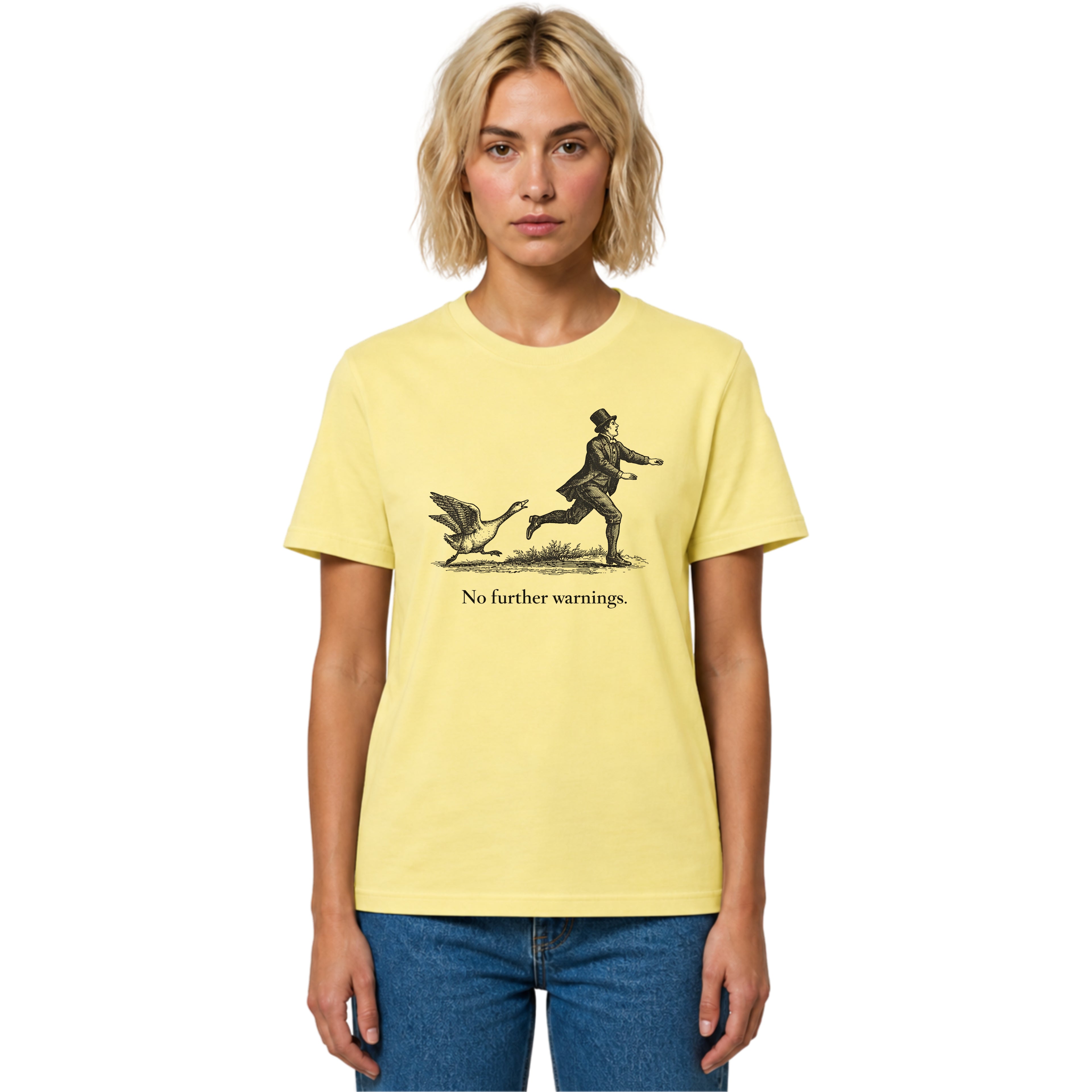 Person wearing a yellow t-shirt with a graphic design and text on a white background