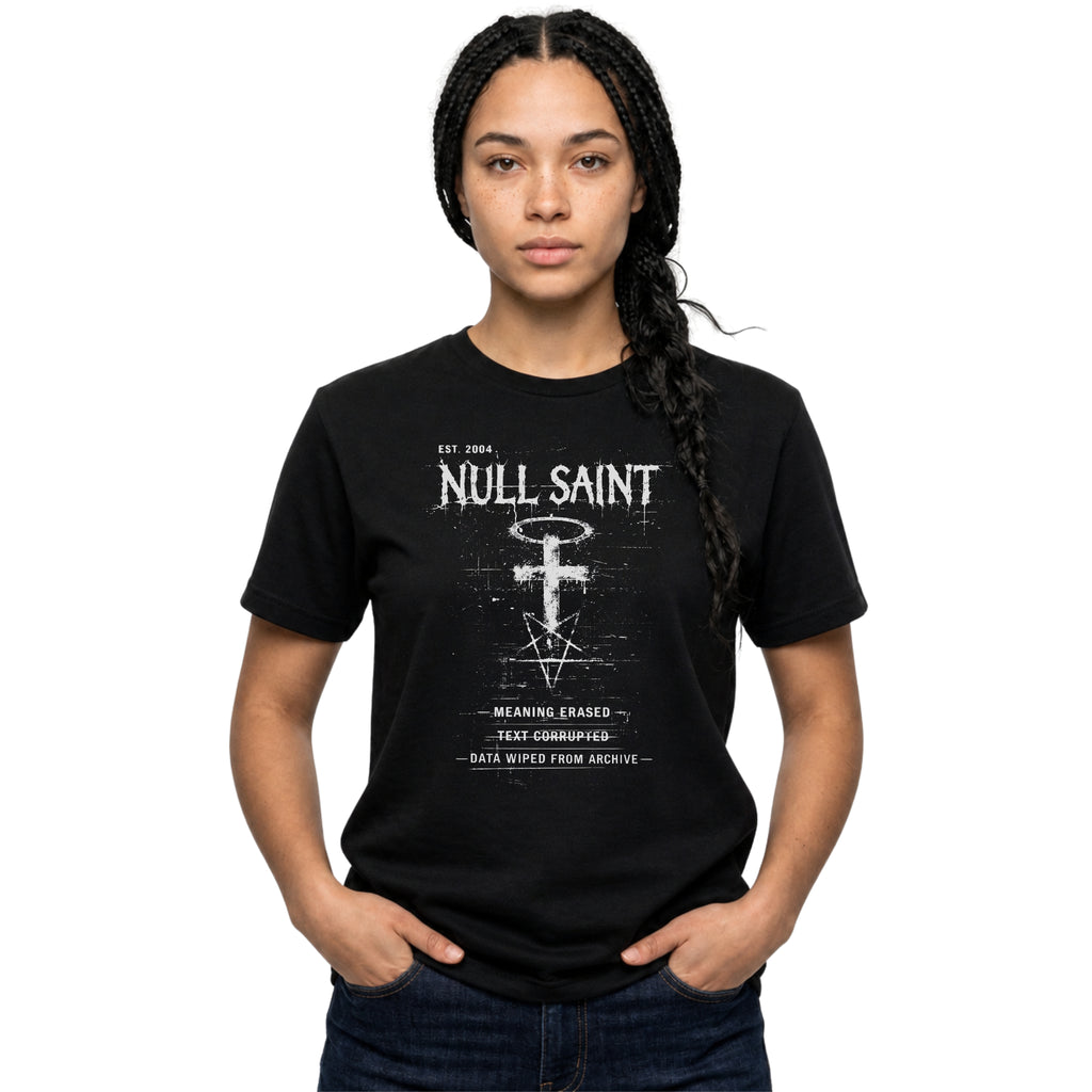Black Gildan 64000 T-shirt with Null Saint distressed gothic symbol artwork, cross and halo graphic, and monochrome archive typography.
