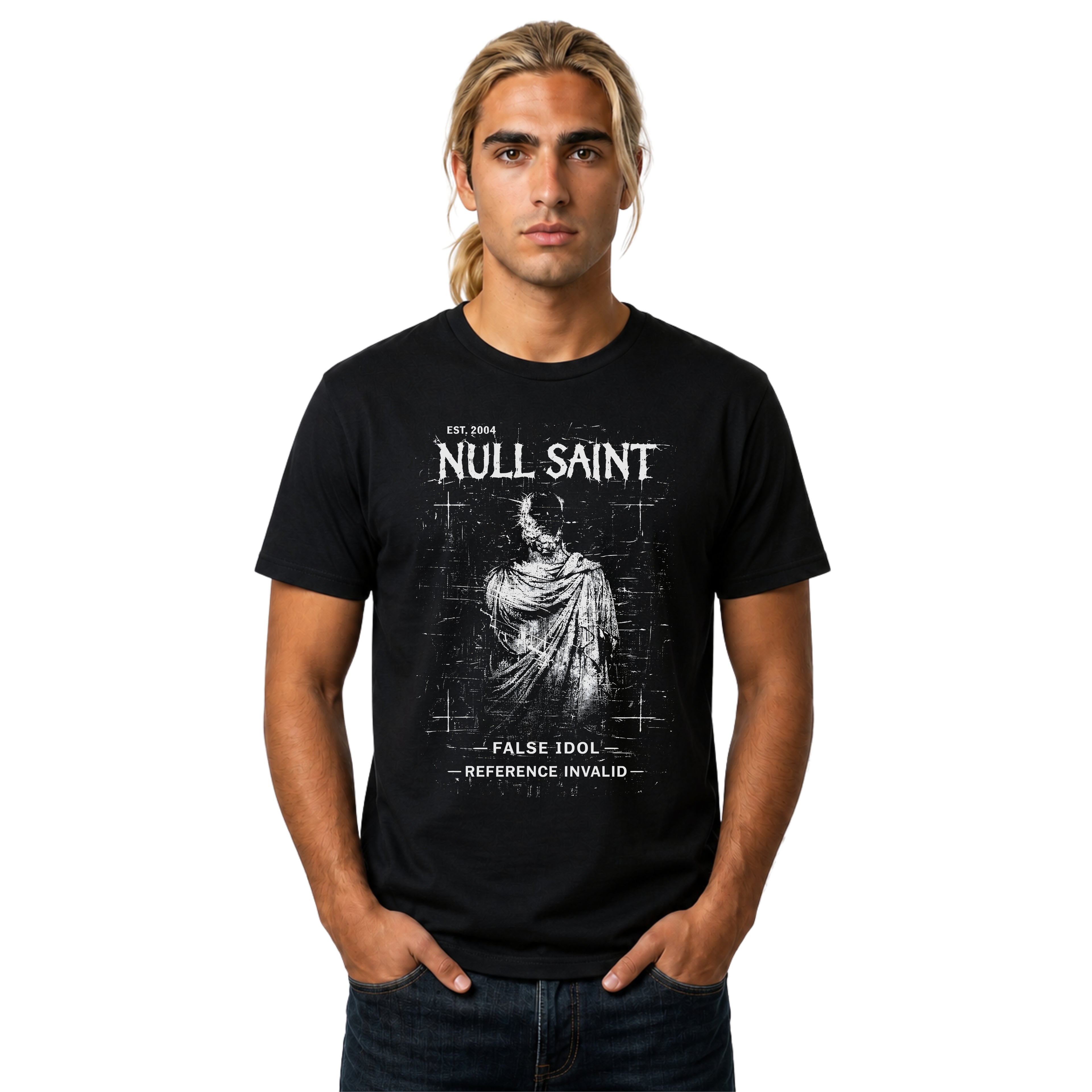Black Gildan 64000 T-shirt with Null Saint distressed saint artwork, archive-style typography and gothic grunge design.