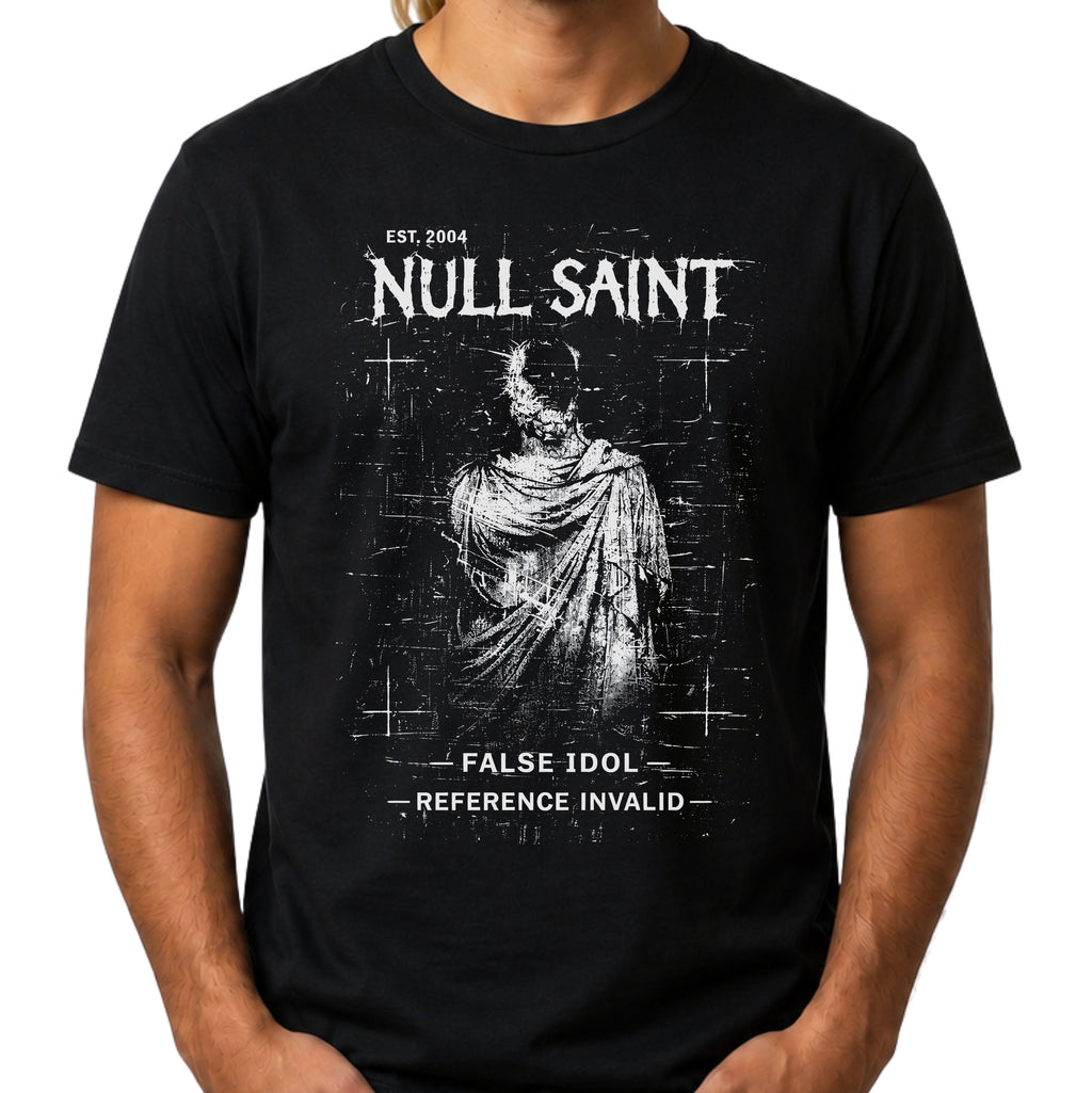 Black Gildan 64000 T-shirt with Null Saint distressed saint artwork, archive-style typography and gothic grunge design.