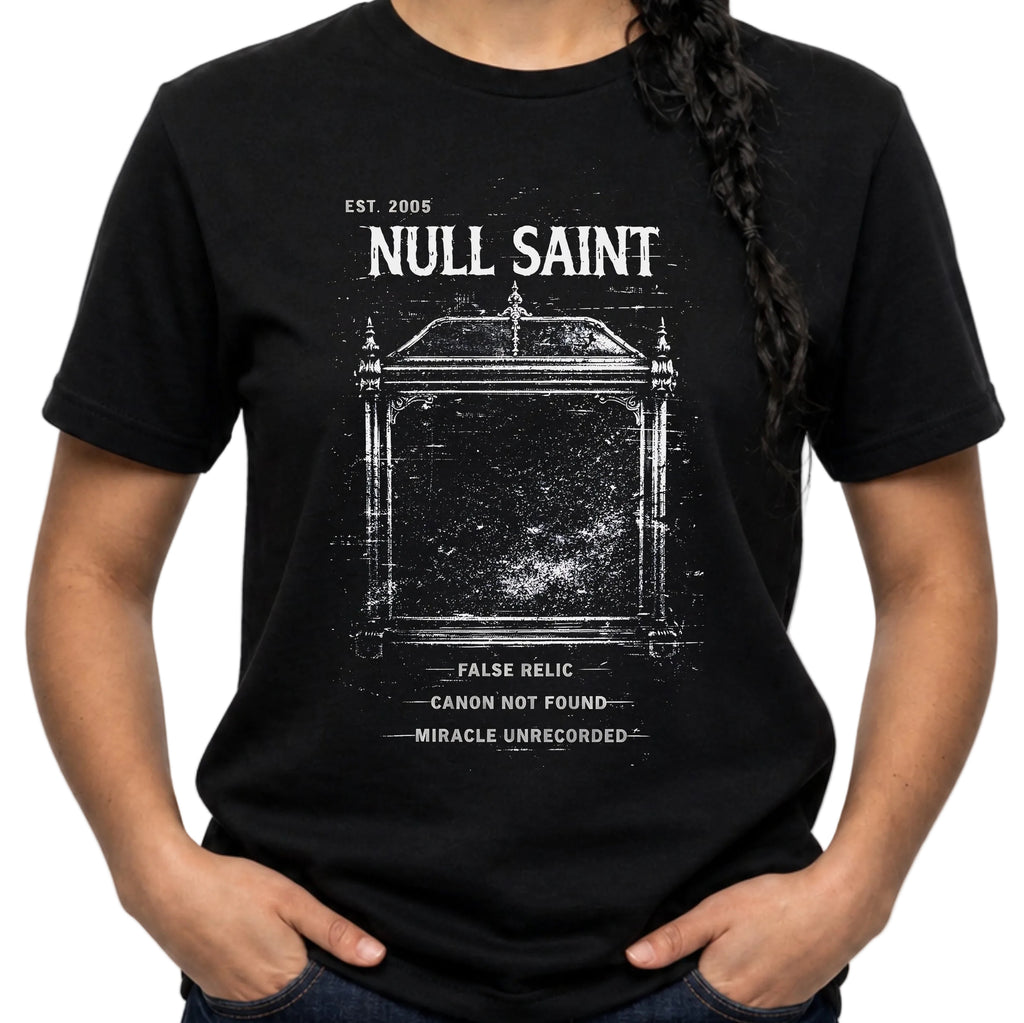 Person wearing a black t-shirt with 'Null Saint' graphic design on a white background