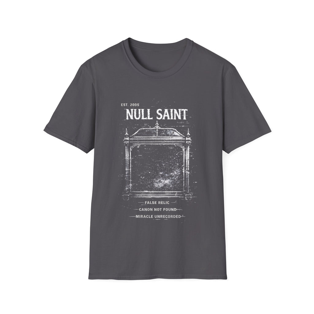 Null Saint distressed archive graphic tee featuring worn white typography, relic-style artwork, and underground grunge styling on a charcoal T-shirt.
