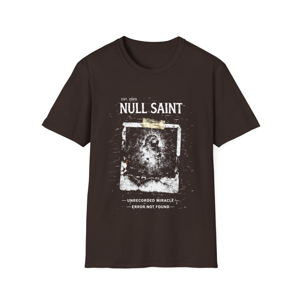 Null Saint archive graphic tee featuring distressed white typography, corrupted photo artwork, and dark underground grunge styling on a chocolate T-shirt.