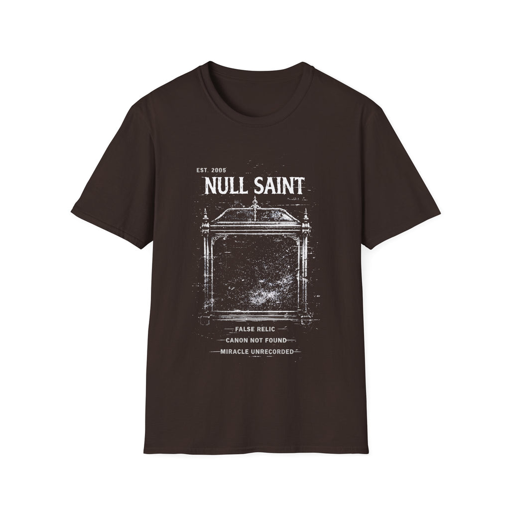 Null Saint distressed archive graphic tee featuring worn white typography, relic-style artwork, and underground grunge styling on a chocolate T-shirt.