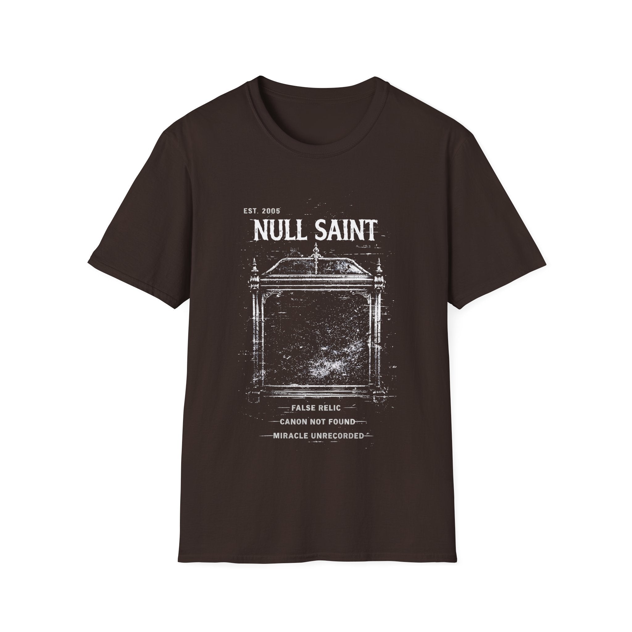Null Saint distressed archive graphic tee featuring worn white typography, relic-style artwork, and underground grunge styling on a chocolate T-shirt.