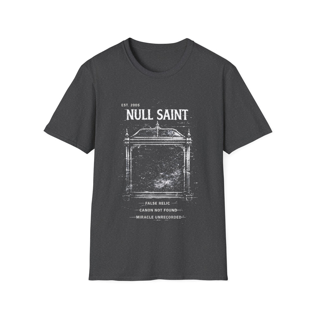 Null Saint distressed archive graphic tee featuring worn white typography, relic-style artwork, and underground grunge styling on a dark heather T-shirt.