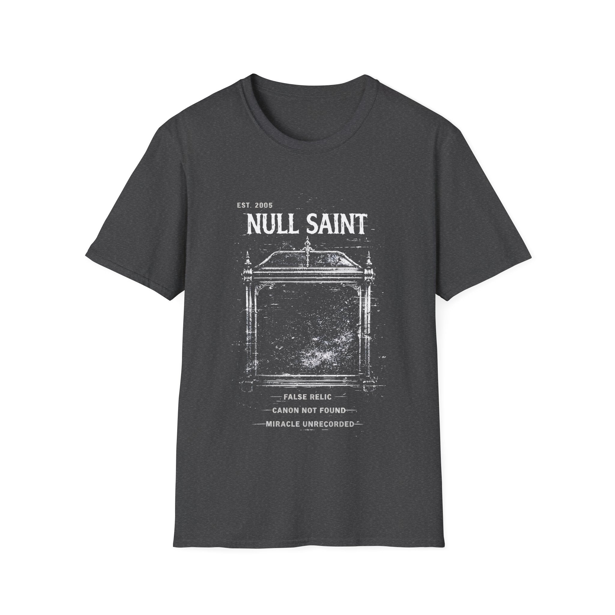 Null Saint distressed archive graphic tee featuring worn white typography, relic-style artwork, and underground grunge styling on a dark heather T-shirt.