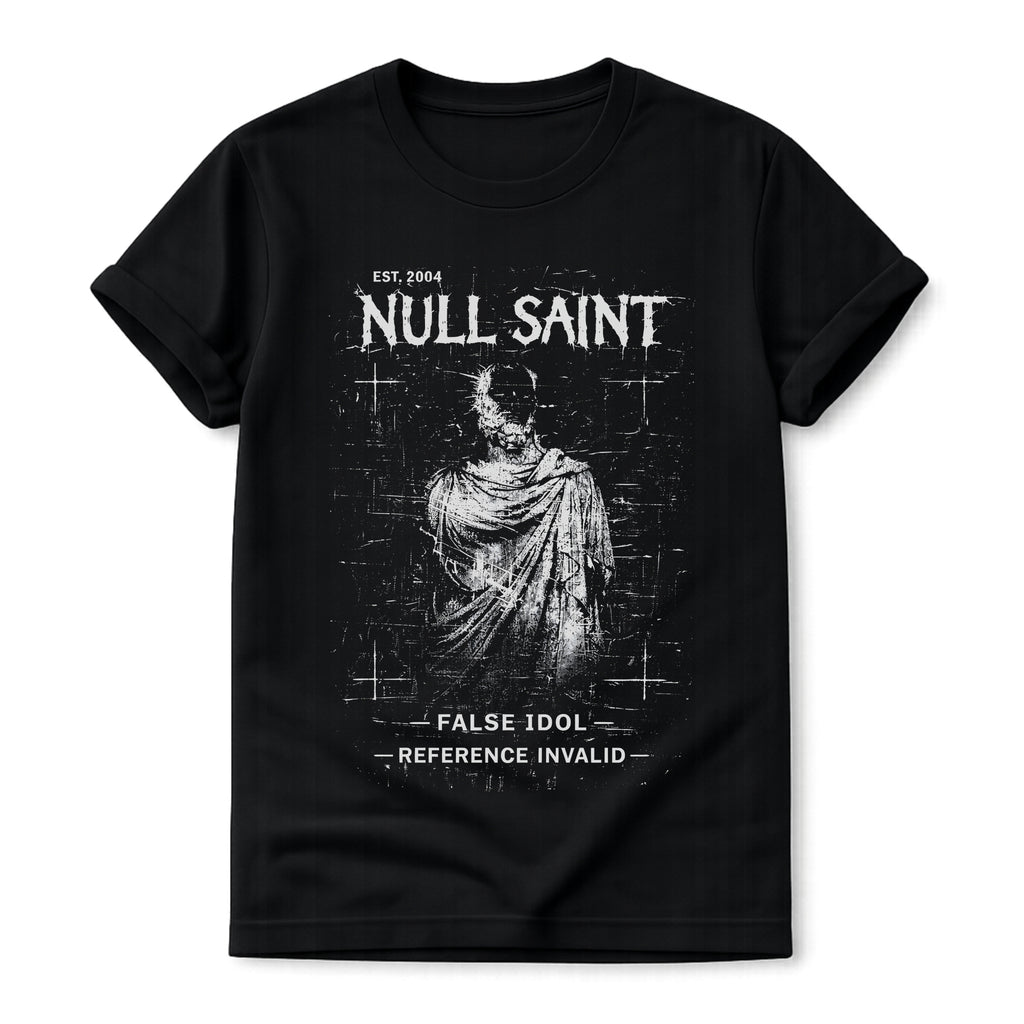 Black Gildan 64000 T-shirt with Null Saint distressed saint artwork, archive-style typography and gothic grunge design.