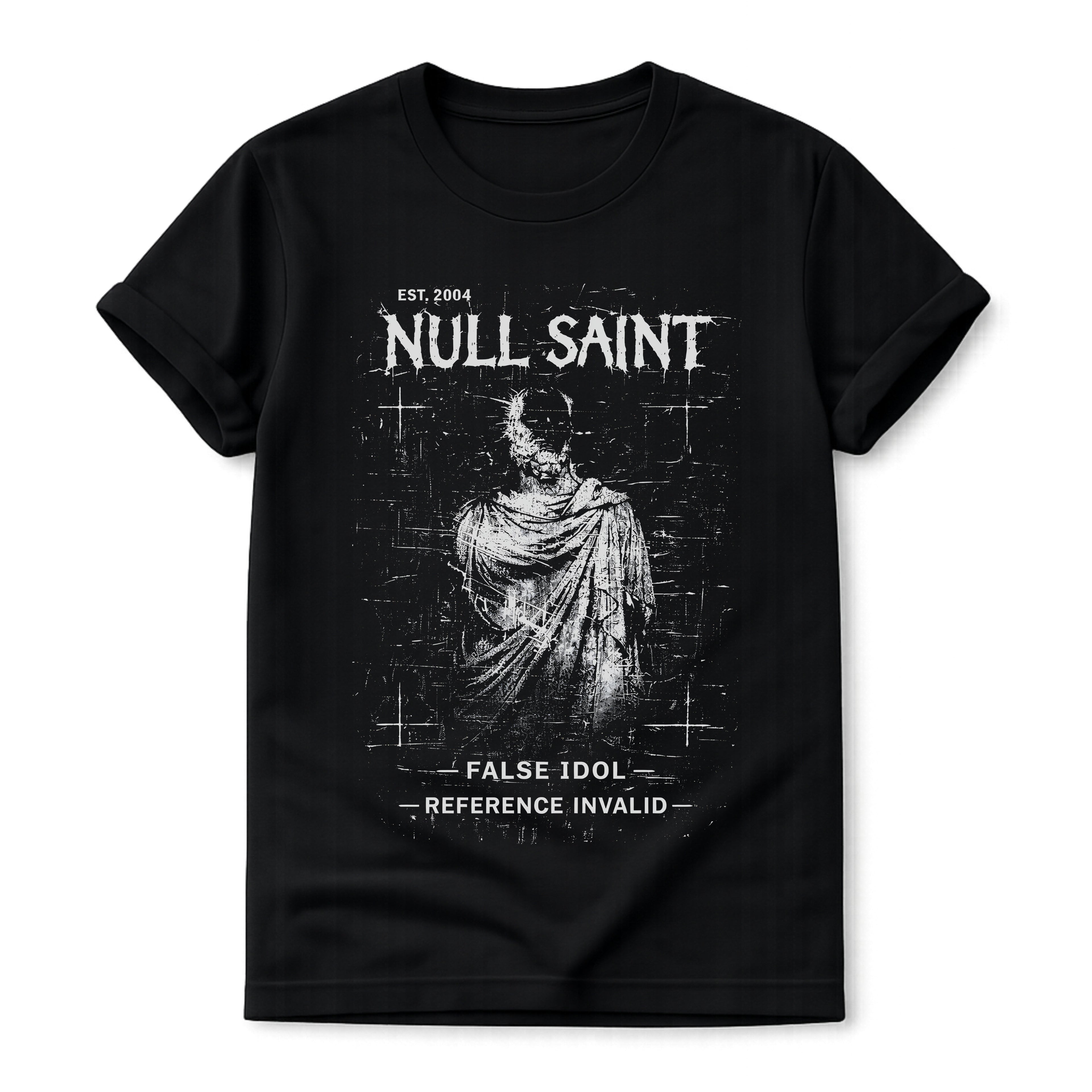 Black Gildan 64000 T-shirt with Null Saint distressed saint artwork, archive-style typography and gothic grunge design.