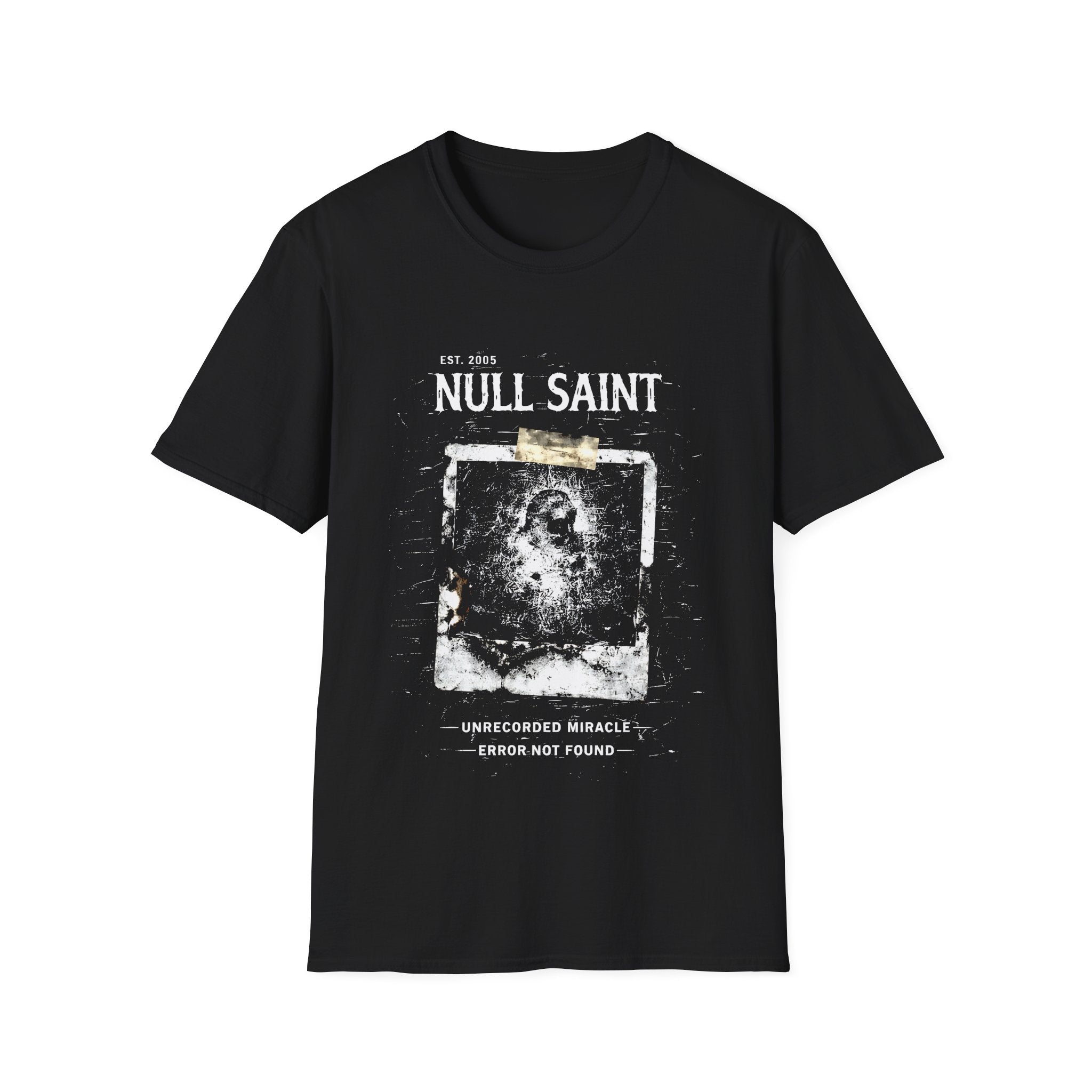 Null Saint archive graphic tee featuring distressed white typography, corrupted photo artwork, and dark underground grunge styling on a black T-shirt.