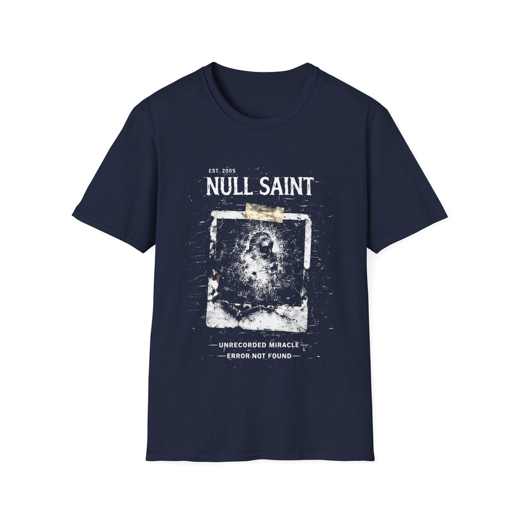 Null Saint archive graphic tee featuring distressed white typography, corrupted photo artwork, and dark underground grunge styling on a navy blue T-shirt.
