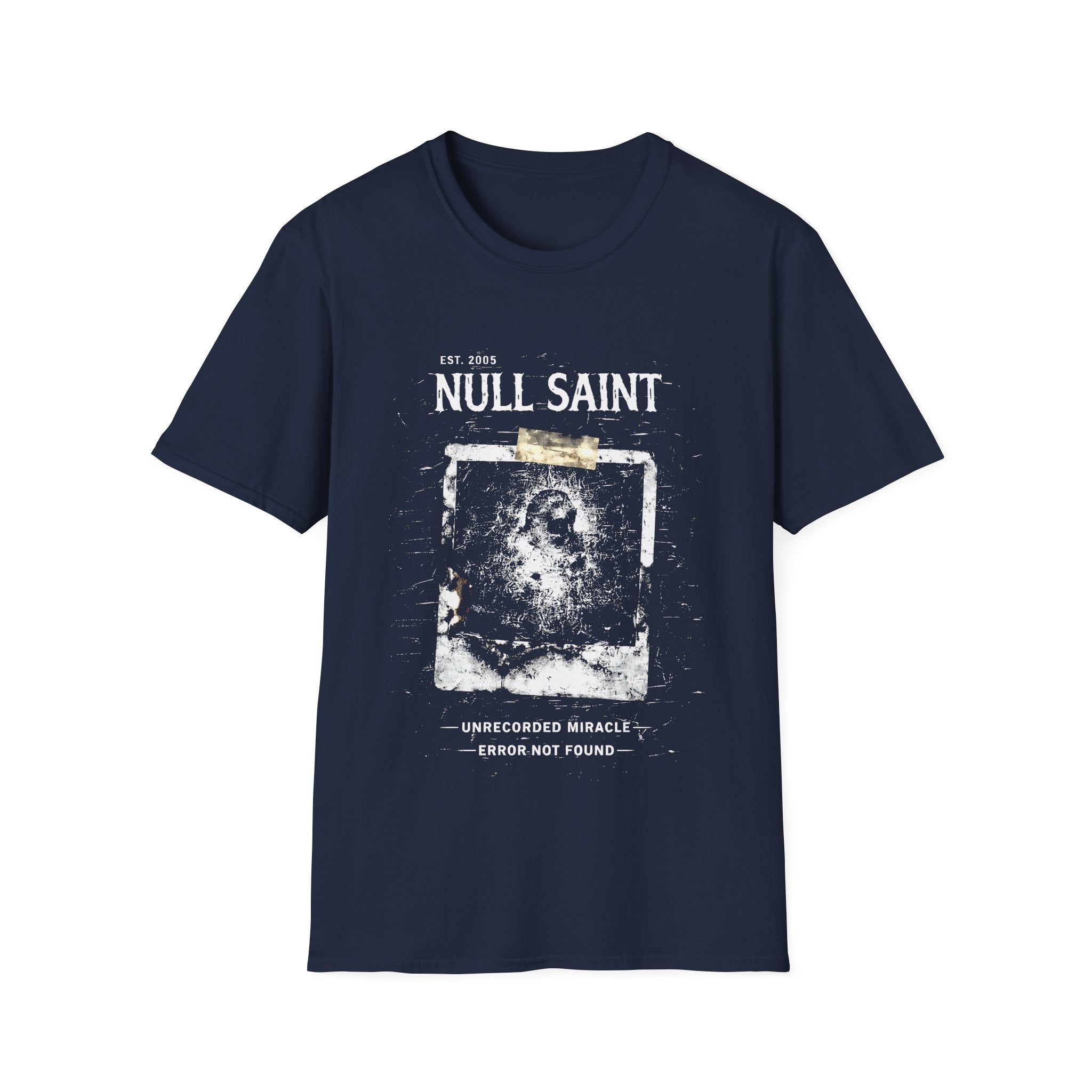 Null Saint archive graphic tee featuring distressed white typography, corrupted photo artwork, and dark underground grunge styling on a navy blue T-shirt.