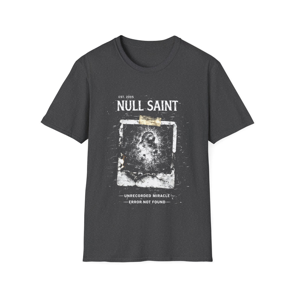 Null Saint archive graphic tee featuring distressed white typography, corrupted photo artwork, and dark underground grunge styling on a dark heather grey T-shirt.