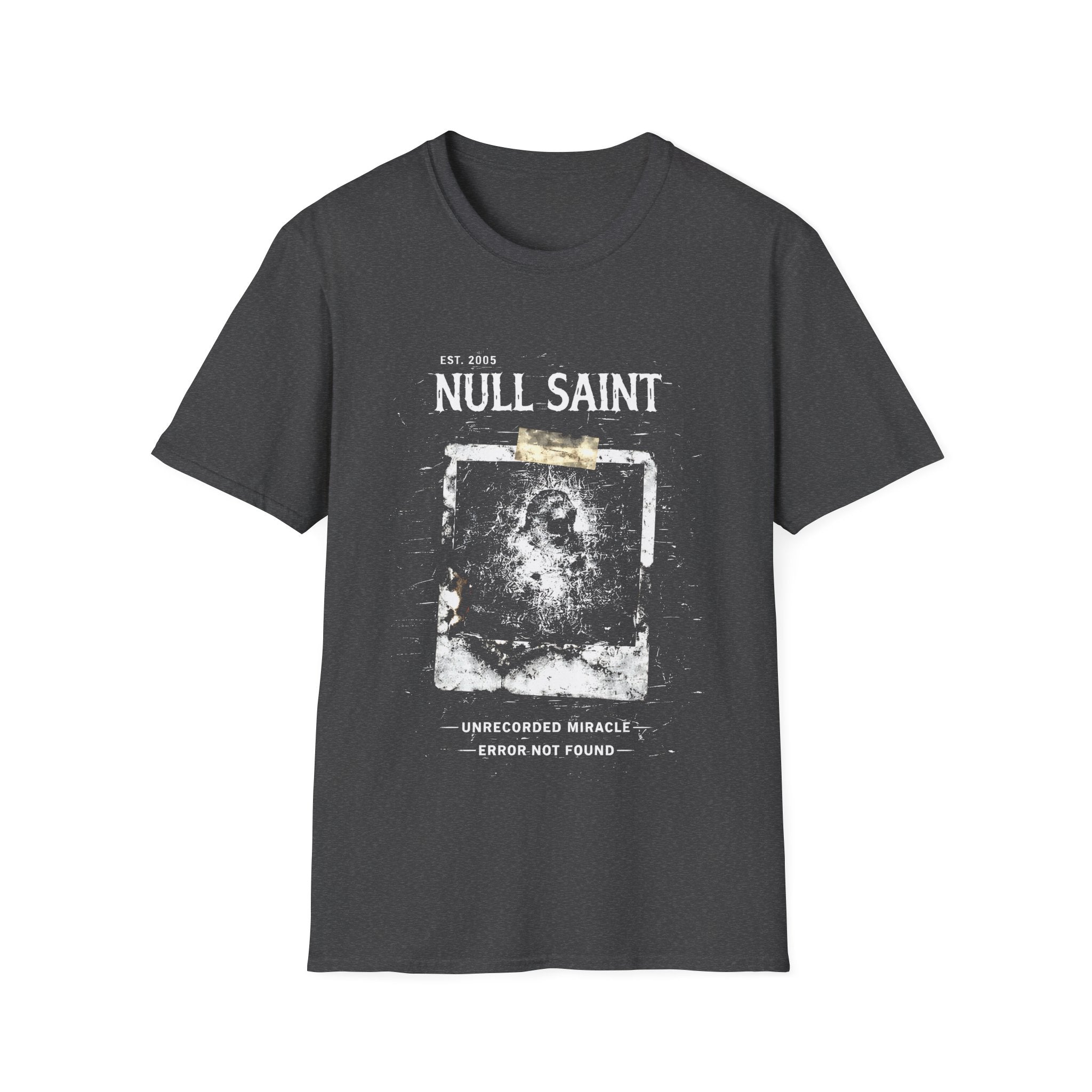 Null Saint archive graphic tee featuring distressed white typography, corrupted photo artwork, and dark underground grunge styling on a dark heather grey T-shirt.