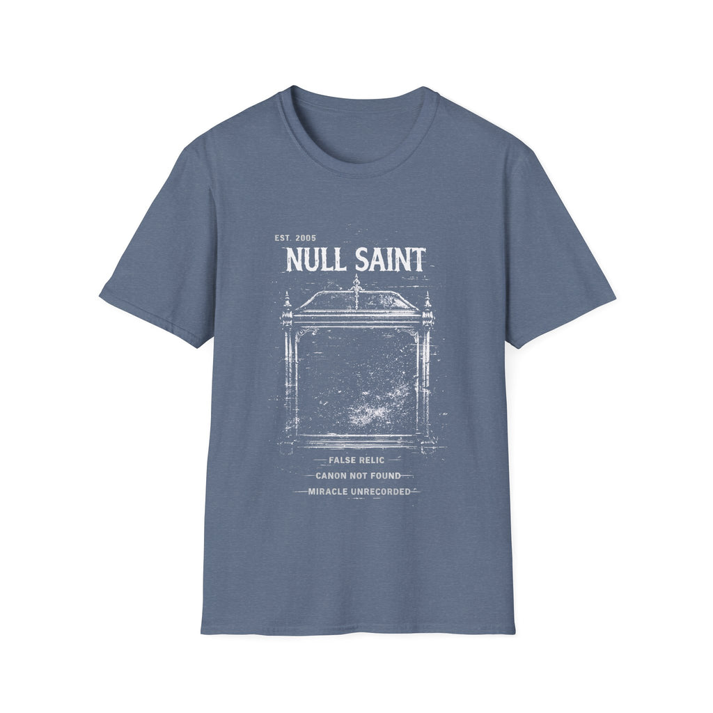 Null Saint distressed archive graphic tee featuring worn white typography, relic-style artwork, and underground grunge styling on a heather indigo T-shirt.