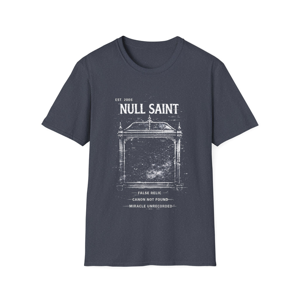 Null Saint distressed archive graphic tee featuring worn white typography, relic-style artwork, and underground grunge styling on a heather navy T-shirt.