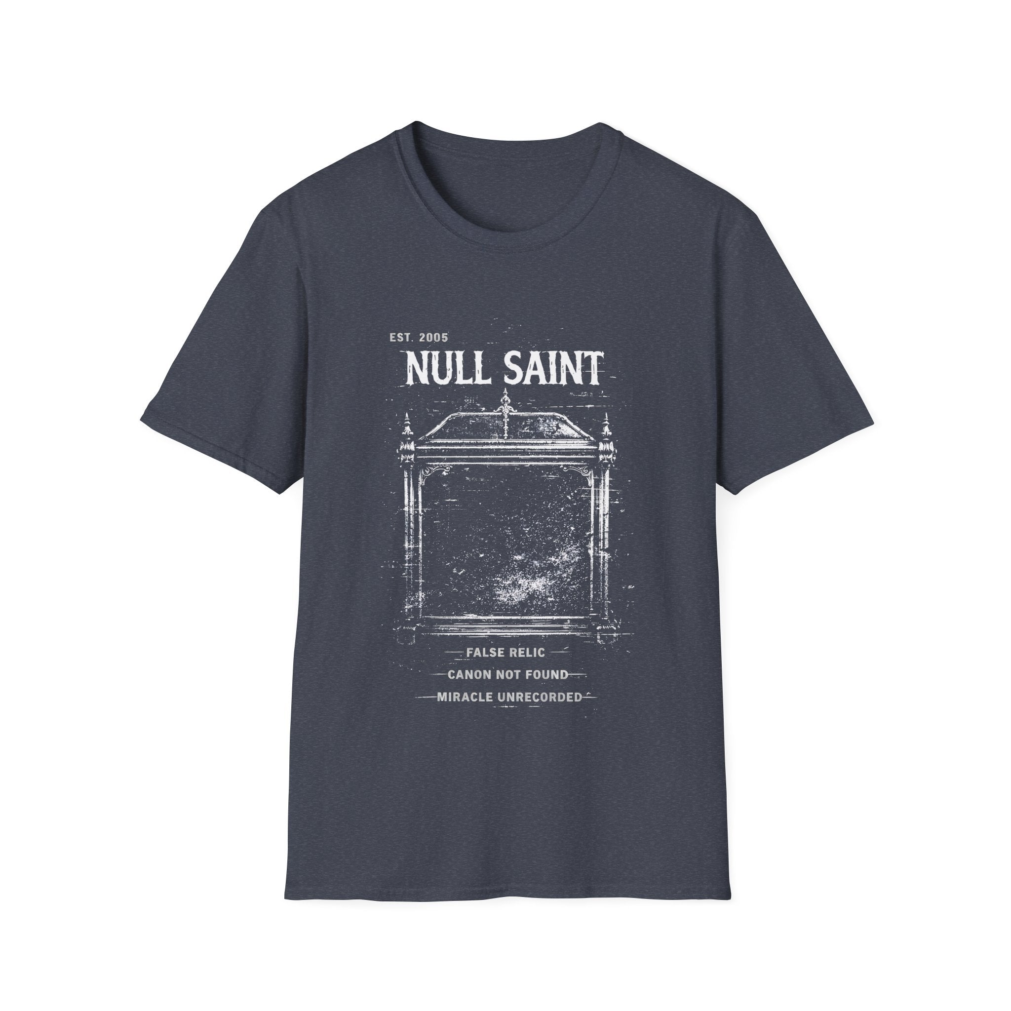 Null Saint distressed archive graphic tee featuring worn white typography, relic-style artwork, and underground grunge styling on a heather navy T-shirt.