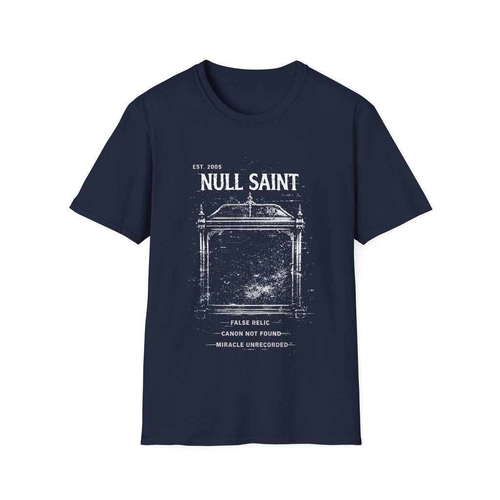 Null Saint distressed archive graphic tee featuring worn white typography, relic-style artwork, and underground grunge styling on a navy T-shirt.