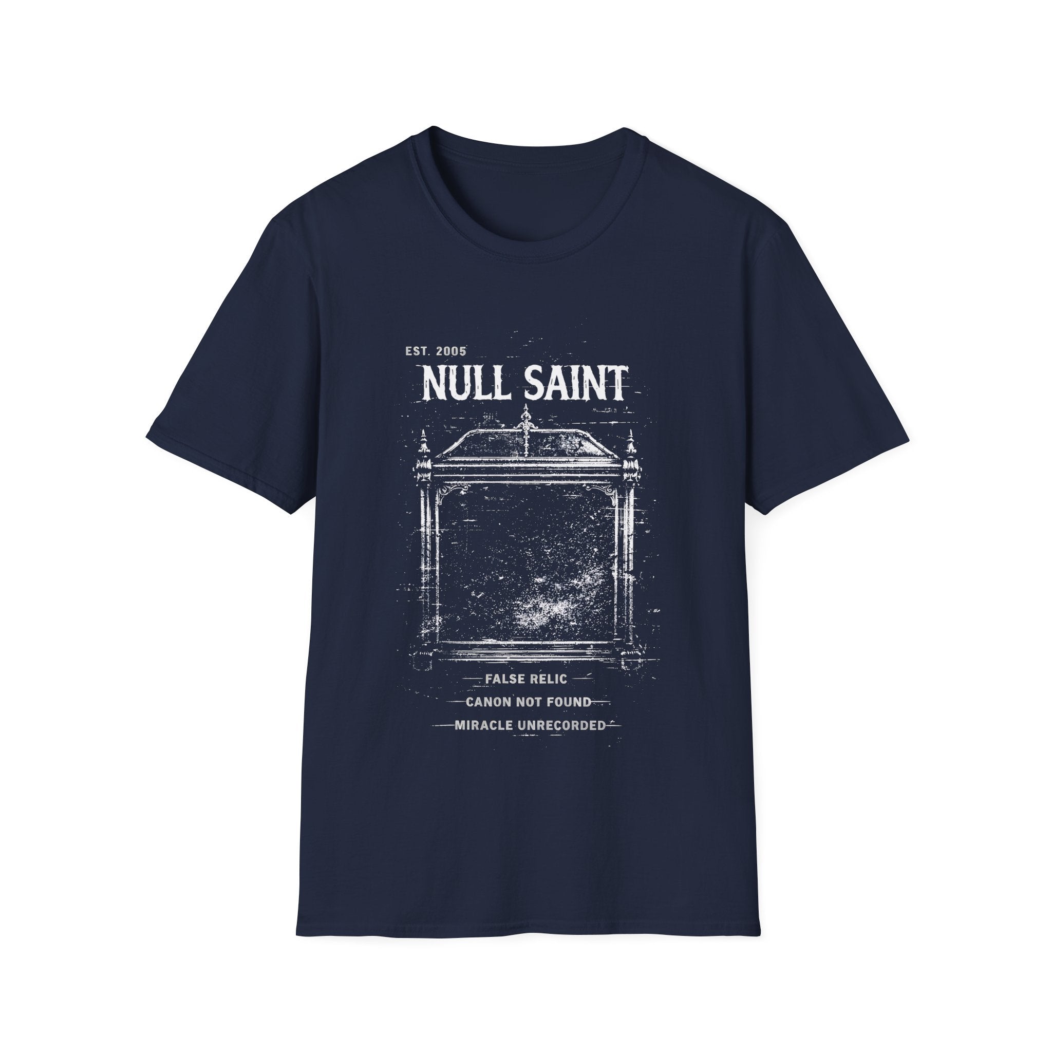 Null Saint distressed archive graphic tee featuring worn white typography, relic-style artwork, and underground grunge styling on a navy T-shirt.
