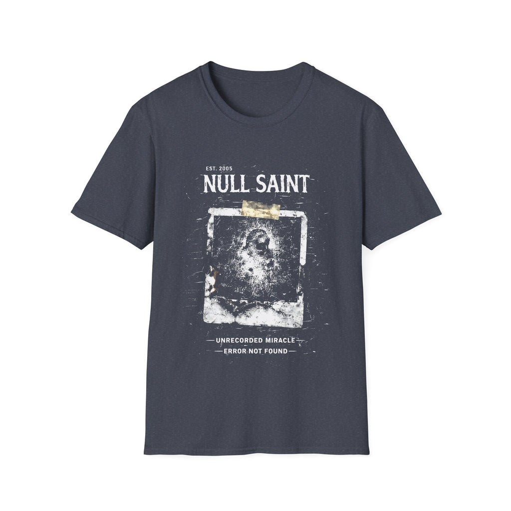 Null Saint archive graphic tee featuring distressed white typography, corrupted photo artwork, and dark underground grunge styling on a heather navy T-shirt.