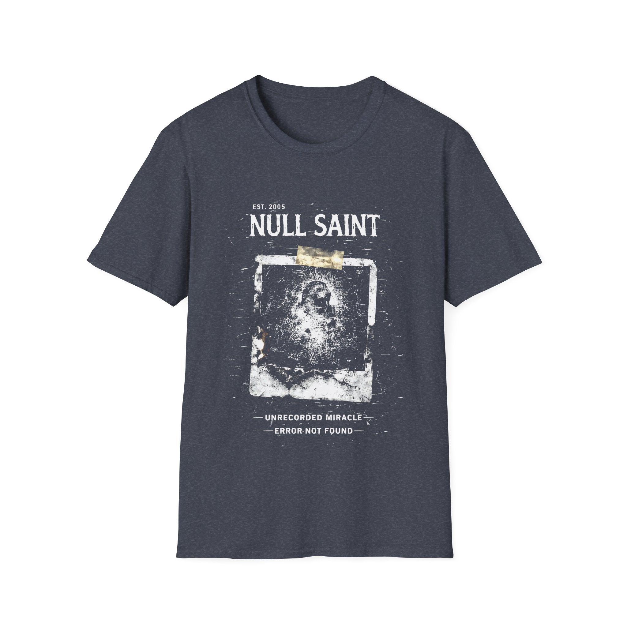 Null Saint archive graphic tee featuring distressed white typography, corrupted photo artwork, and dark underground grunge styling on a heather navy T-shirt.