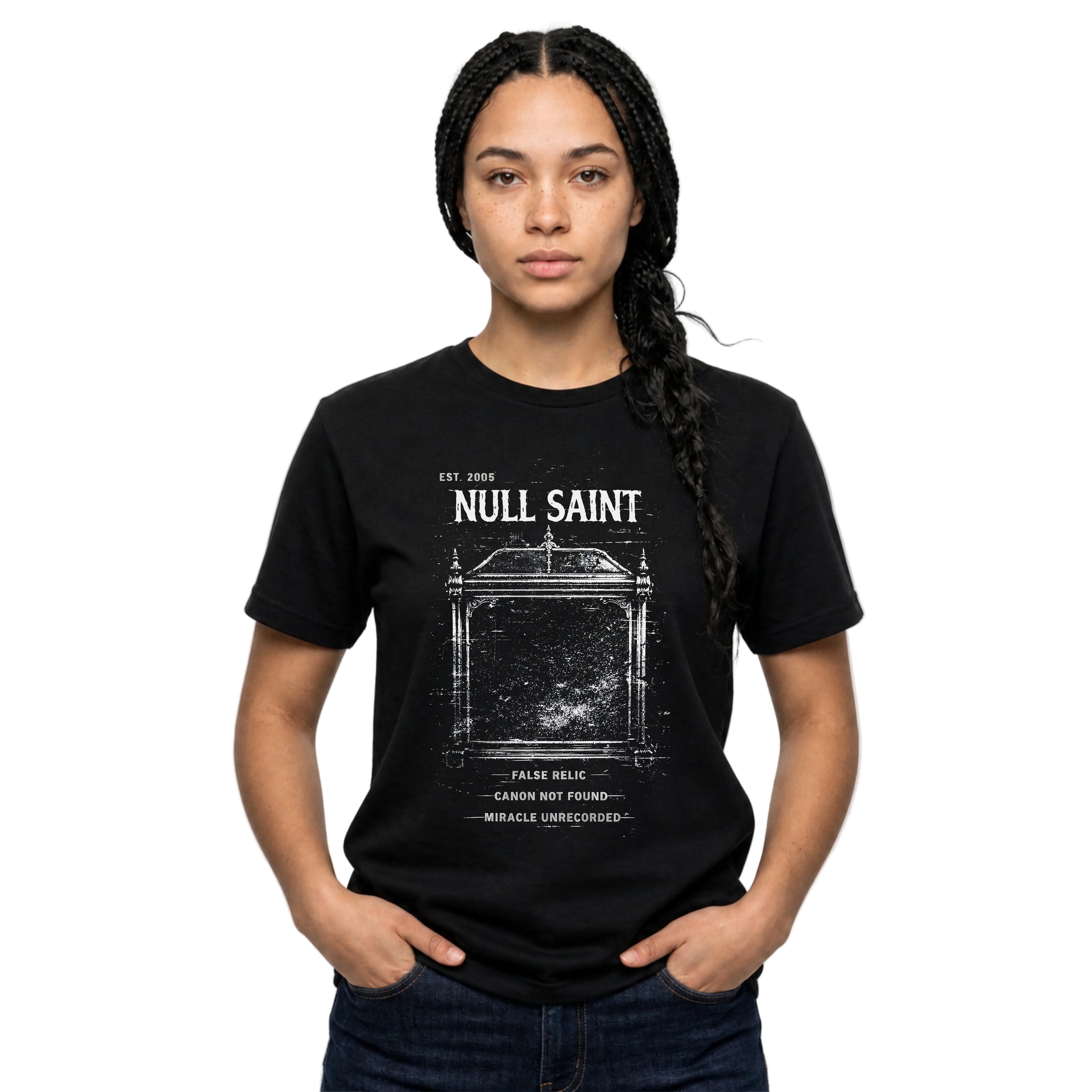 Null Saint distressed archive graphic tee featuring worn white typography, relic-style artwork, and underground grunge styling on a black T-shirt.