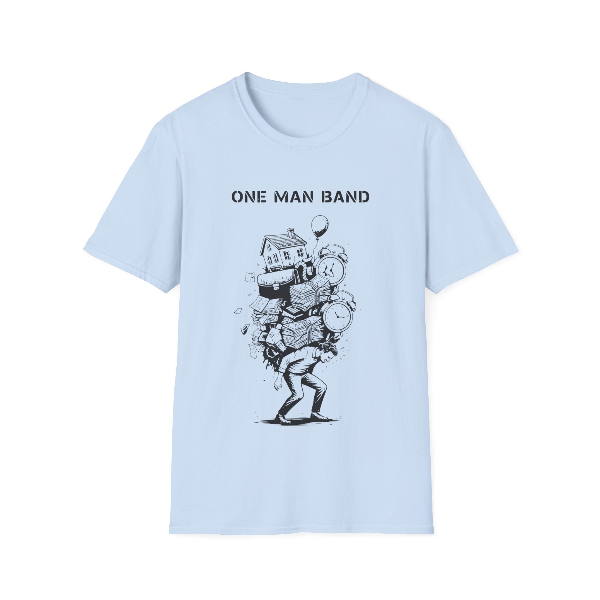 Light blue t-shirt with 'One Man Band' graphic design on a white background