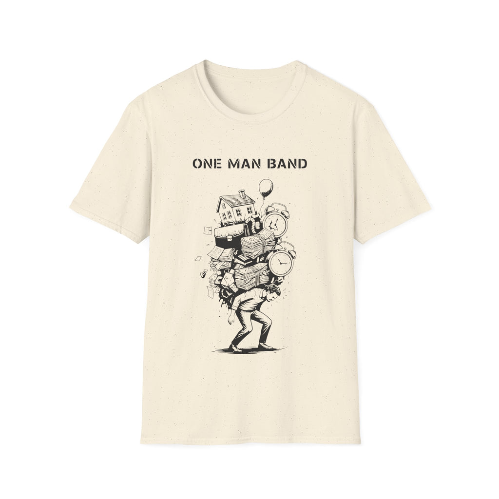 Beige t-shirt with 'One Man Band' graphic design on a white background