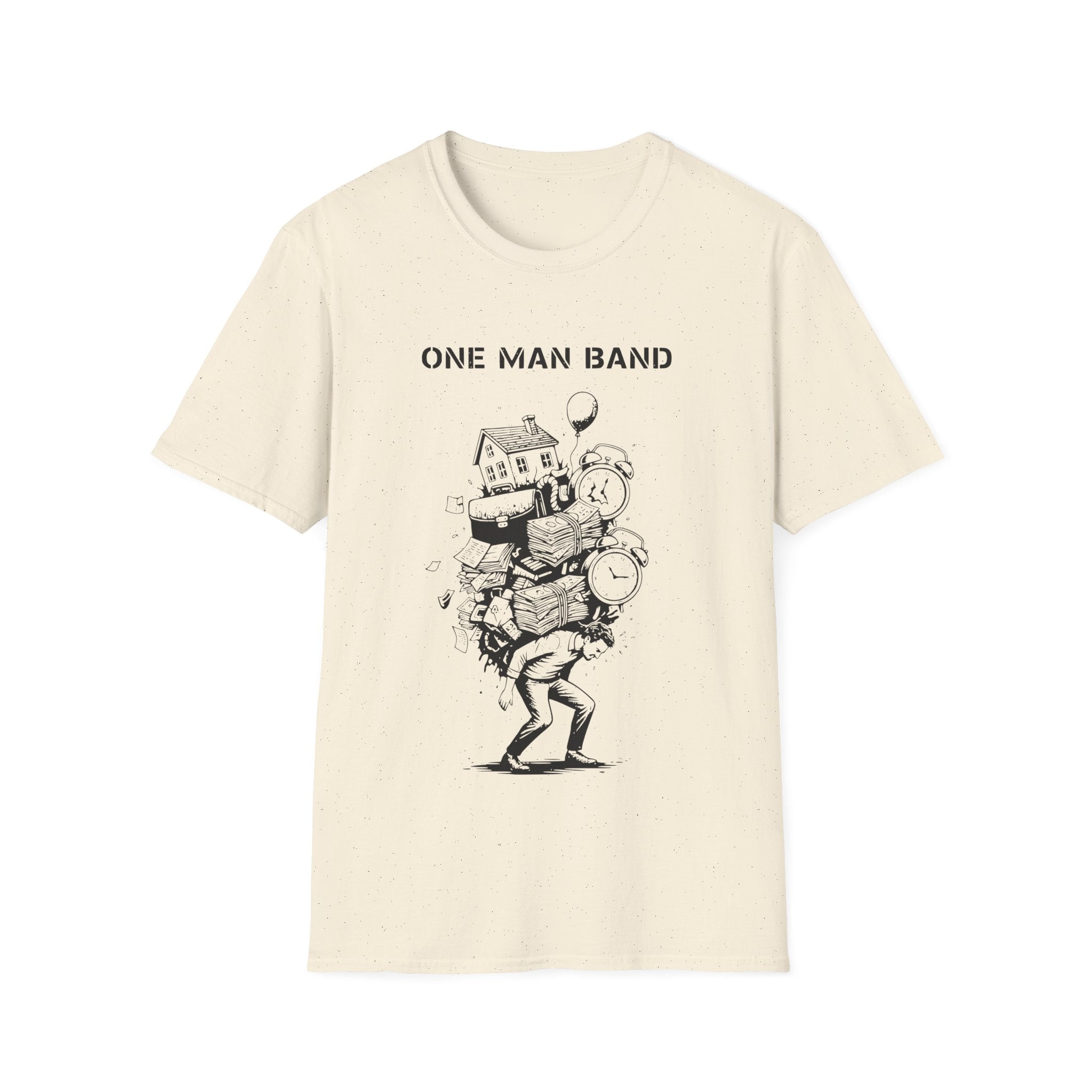 Beige t-shirt with 'One Man Band' graphic design on a white background