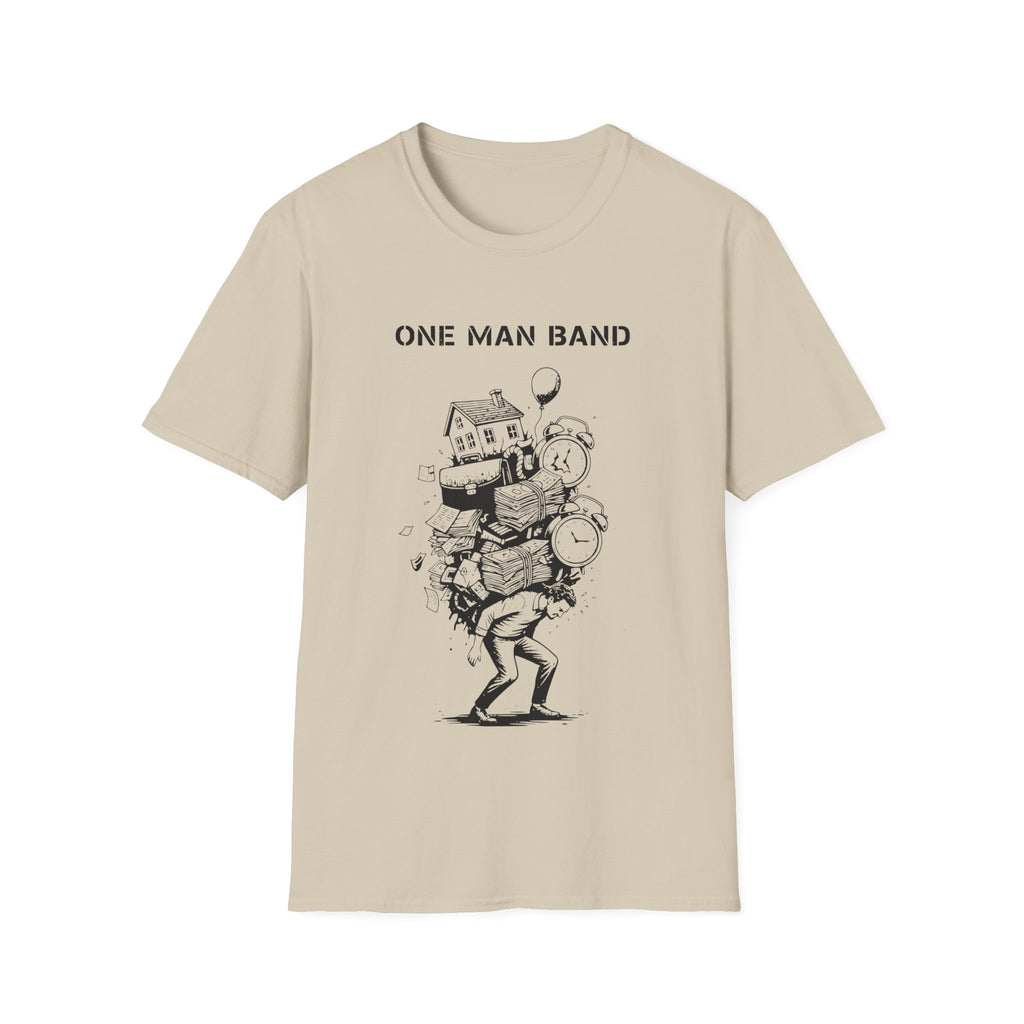 Beige t-shirt with 'One Man Band' graphic design on a white background